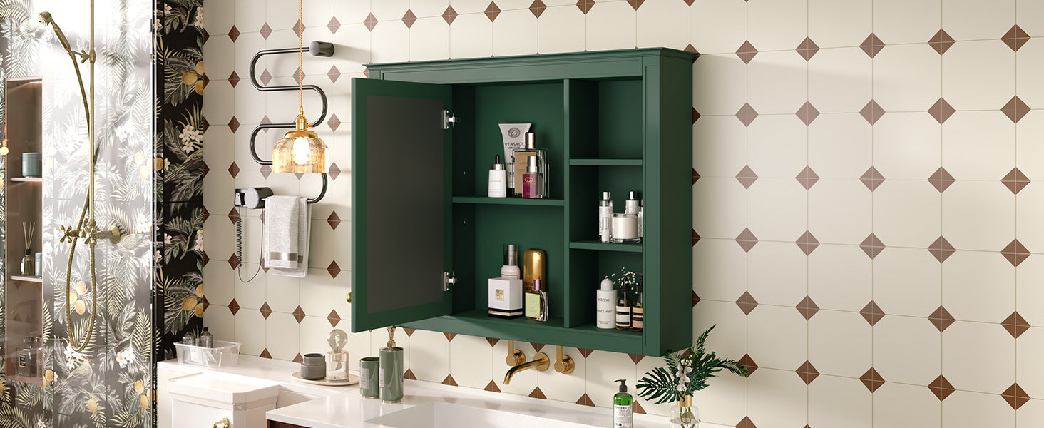 35'' x 27.5'' Medicine Cabinet, Wall Mounted Bathroom Storage Cabinet, Modern Bathroom Wall Cabinet with Mirror, Mirror Cabinet with 6 Open Shelves (Not Include Bathroom Vanity )