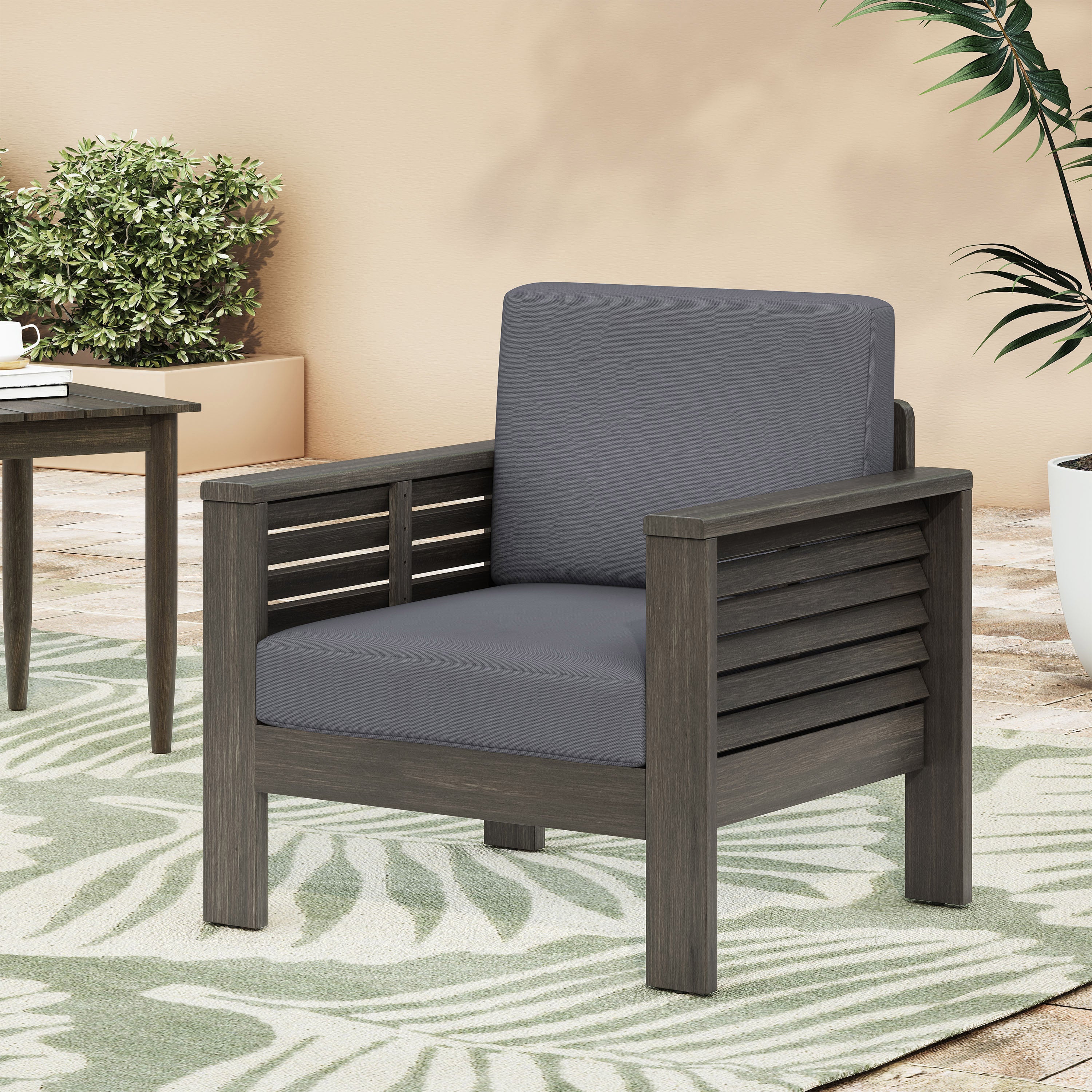 Outdoor Acacia Wood Club Chairs with Cushions, Dark Gray, 27.75"D x 32"W x 27.75"H