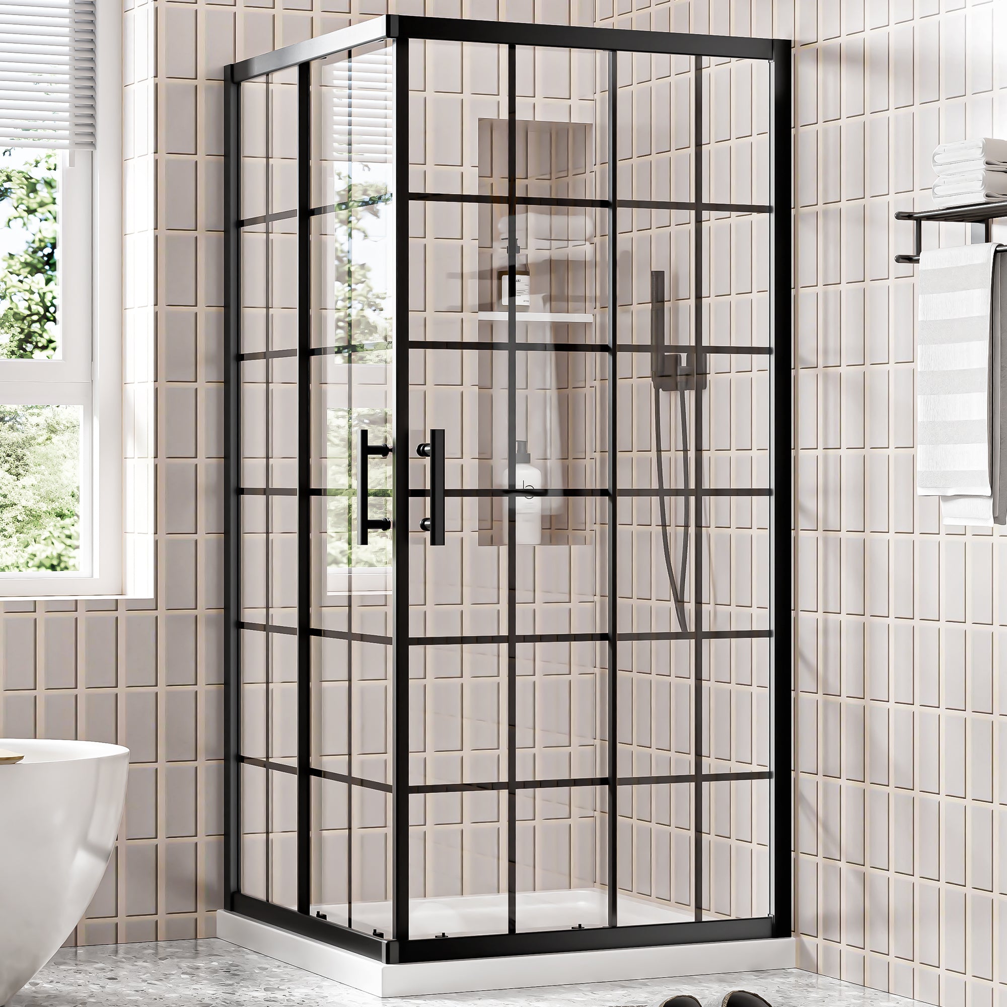 36 x 36 x 72 in Grid-Pattern Corner Shower Enclosure - 36 x 36 x 72 in / Matte Black / Grid Glass view 1