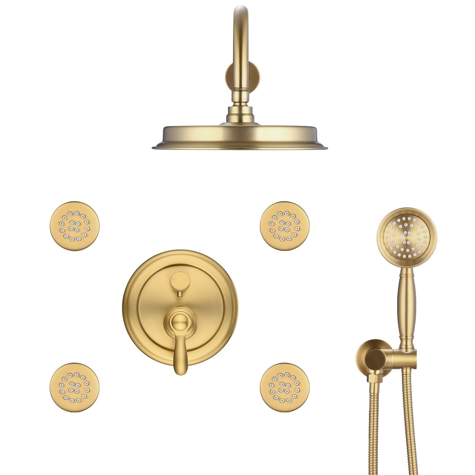 Single-Handle 4-Spray Patterns Bathroom Rain Shower Faucet with Body Jet Handshower in Brushed Gold (Valve Included)