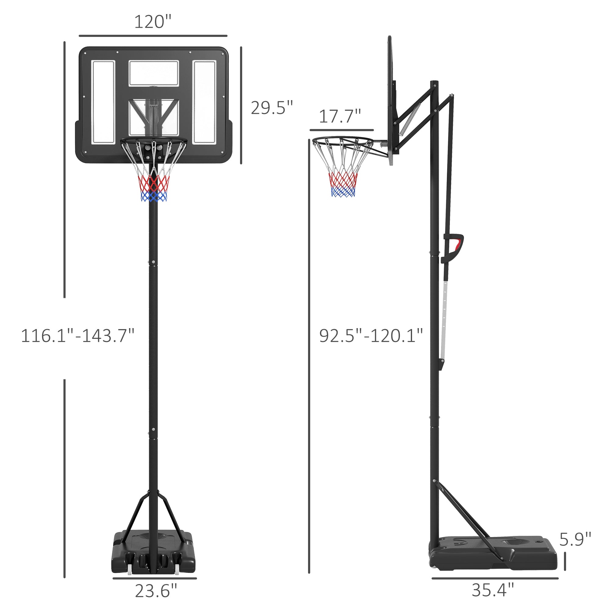 Soozier Portable Basketball Hoop, 7.7-10' Height Adjustable Basketball Goal with 43" Shatterproof Backboard, Wheels, and Fillable Base for Teenagers, Youth, Adults