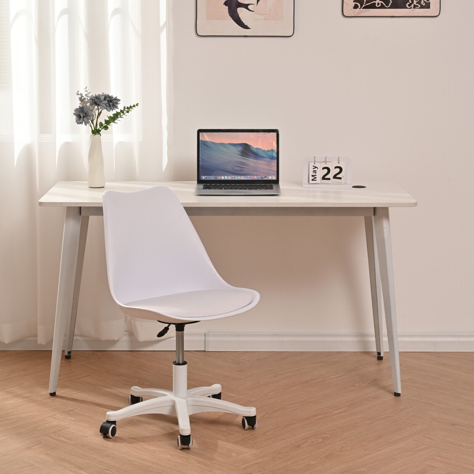 Armless Office Chair,Ergonomic Small Computer Desk Chair with Wheels,Adjustable Rolling Chair, Support Swivel Task Chair for Small Spaces living room,bedroom(White)