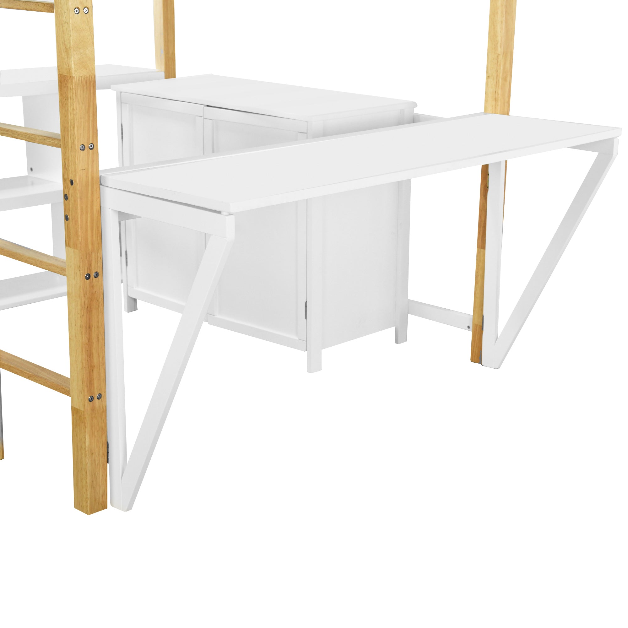 Full Size Wood Loft Bed With Built-in Storage Cabinet and Cubes, Foldable desk, White