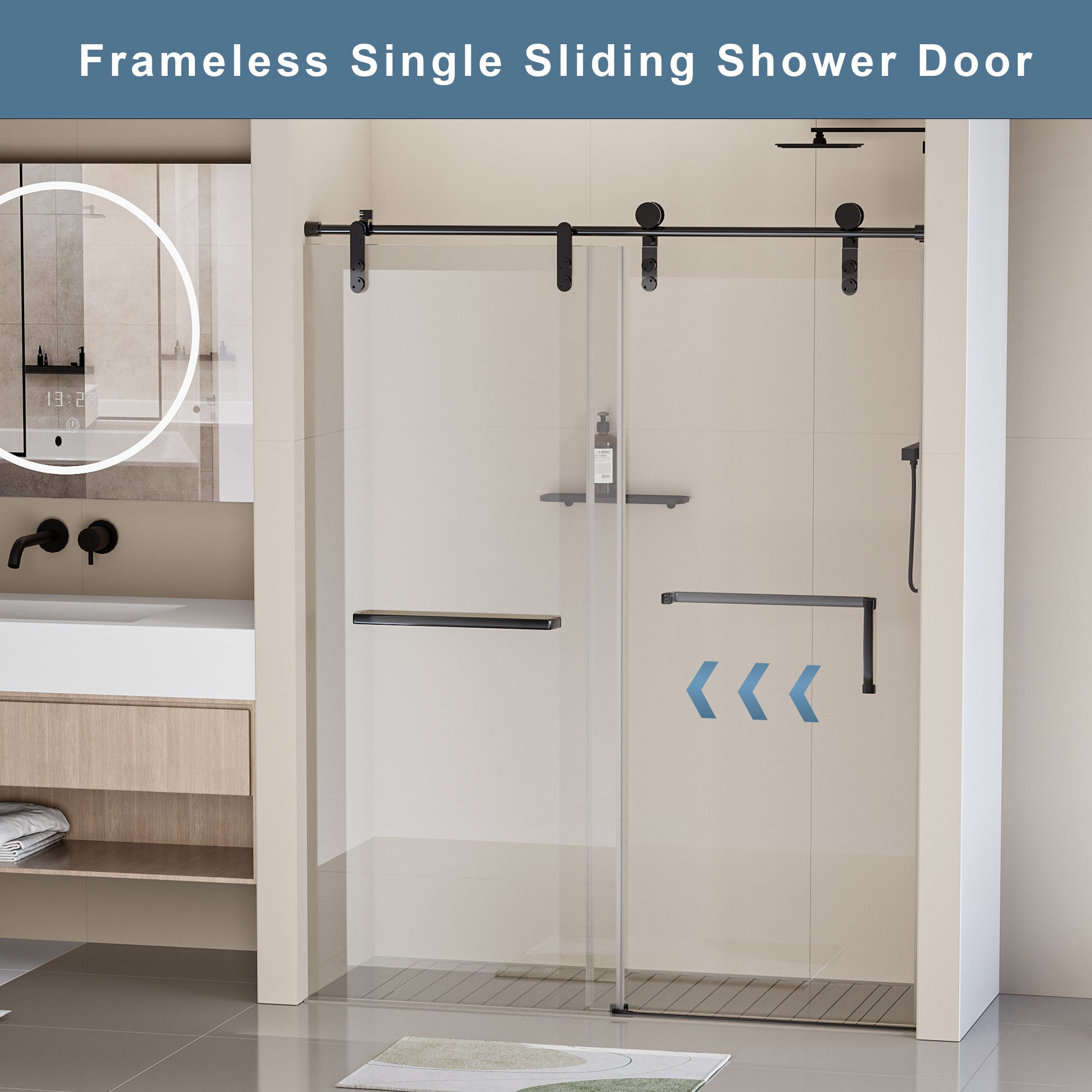 56-60"W x 76"H Frameless Shower Door, Single Sliding Shower Door, 5/16" (8mm) Clear Tempered Glass Shower Door Explosion-Proof Film, Stainless Steel Hardware, Matte Black 24D210-60MB-COMBO