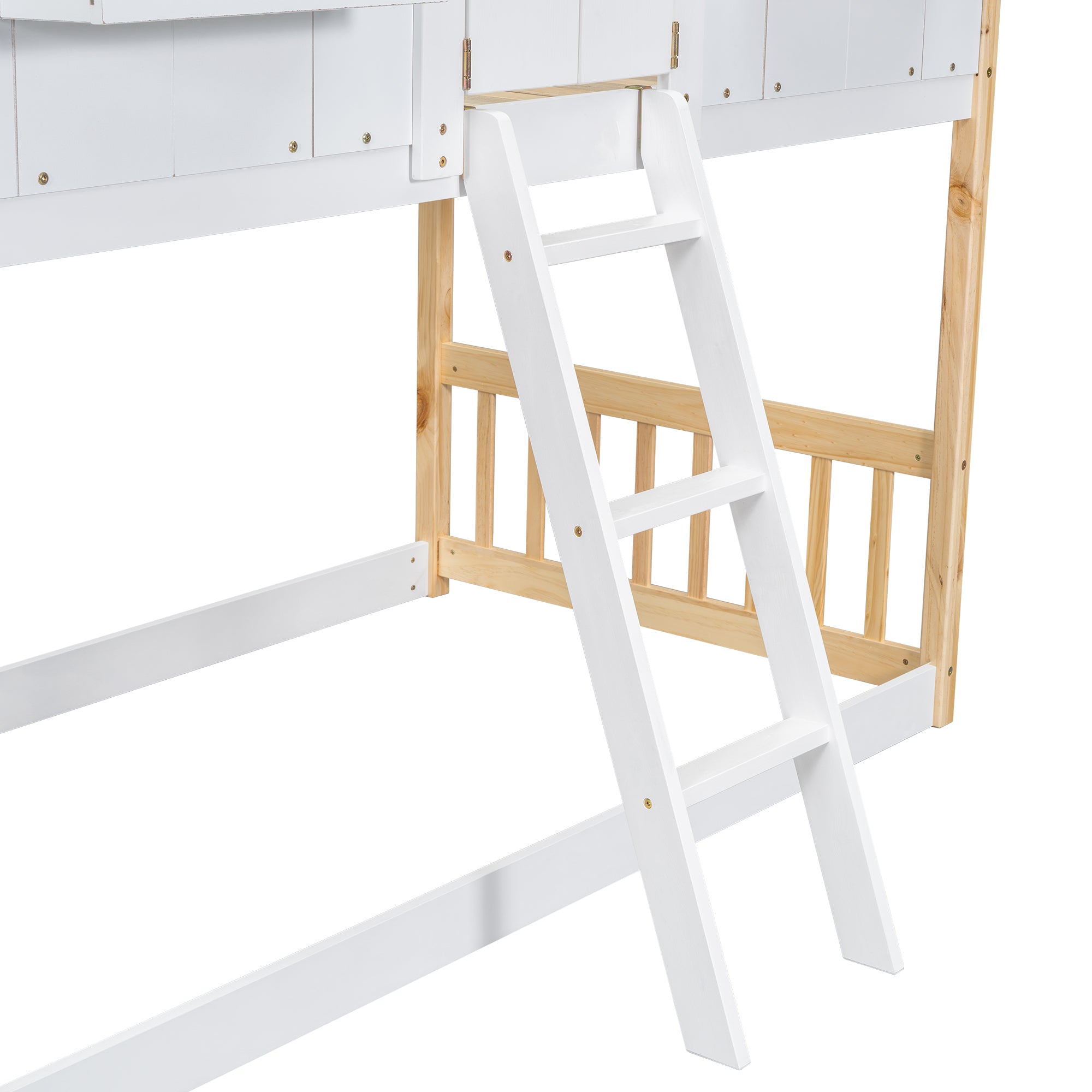 Twin over Twin House Bunk Bed with Roof , Window, Window  Box, Door , with Safety Guardrails and Ladder, Natural/White