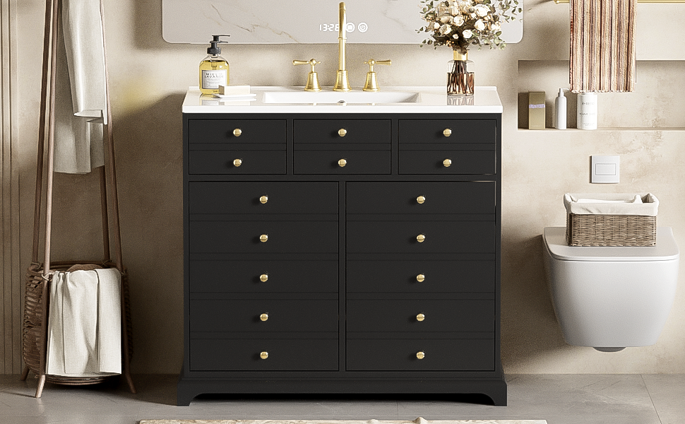 36'' Bathroom Vanity with Ceramic Sink Combo, Solid Wood Frame Bathroom Storage Cabinet, Freestanding Vanity Set with 2 Drawers& Soft Closing Doors, Black