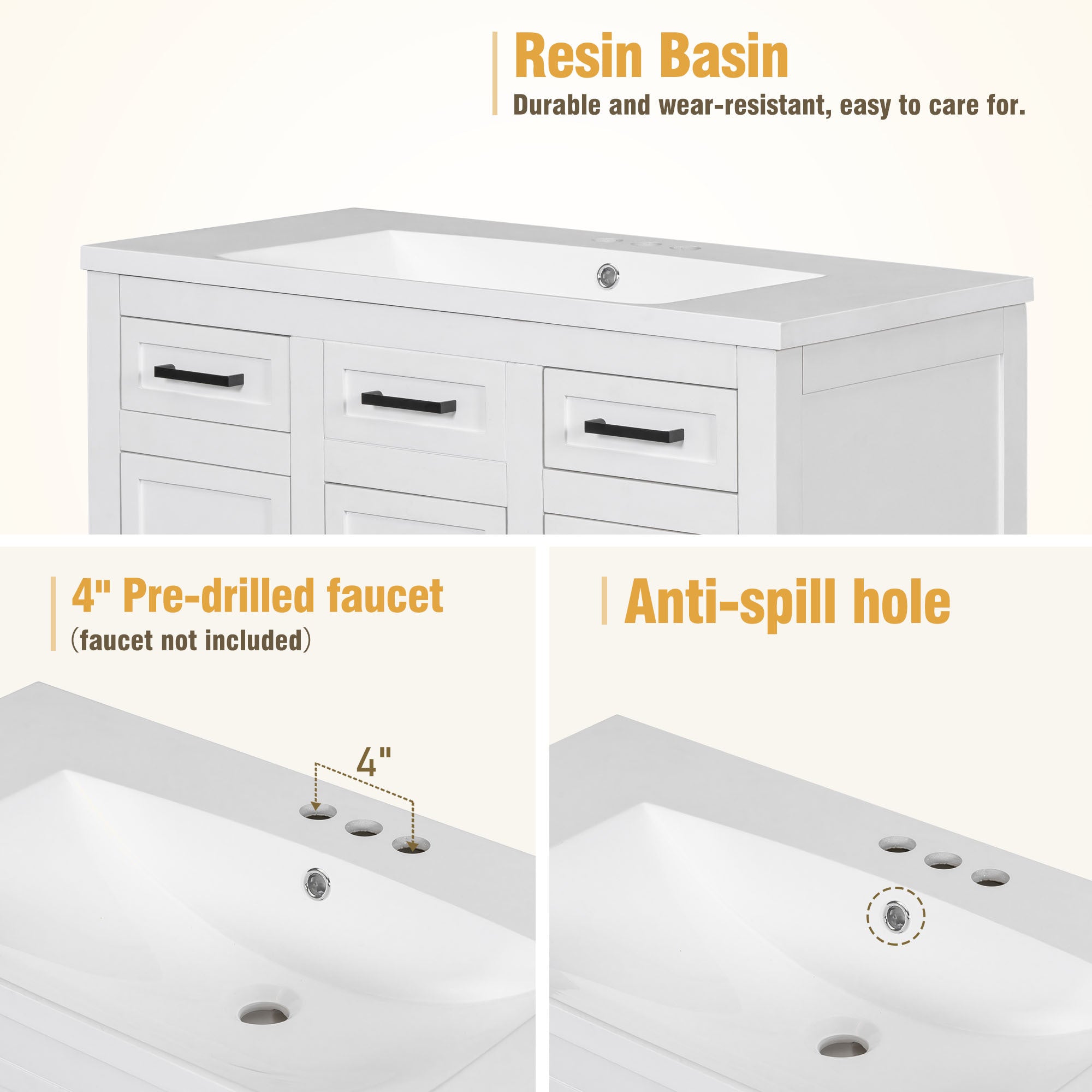 36" Bathroom Vanity Cabinet with Resin Integrated Sink - 4 Drawers, 2 Doors