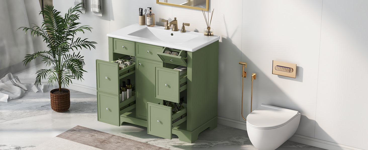 36" Bathroom Vanity with Sink, One Cabinet with Three drawers and One Flip Drawer, Solid Wood and MDF Board, Green