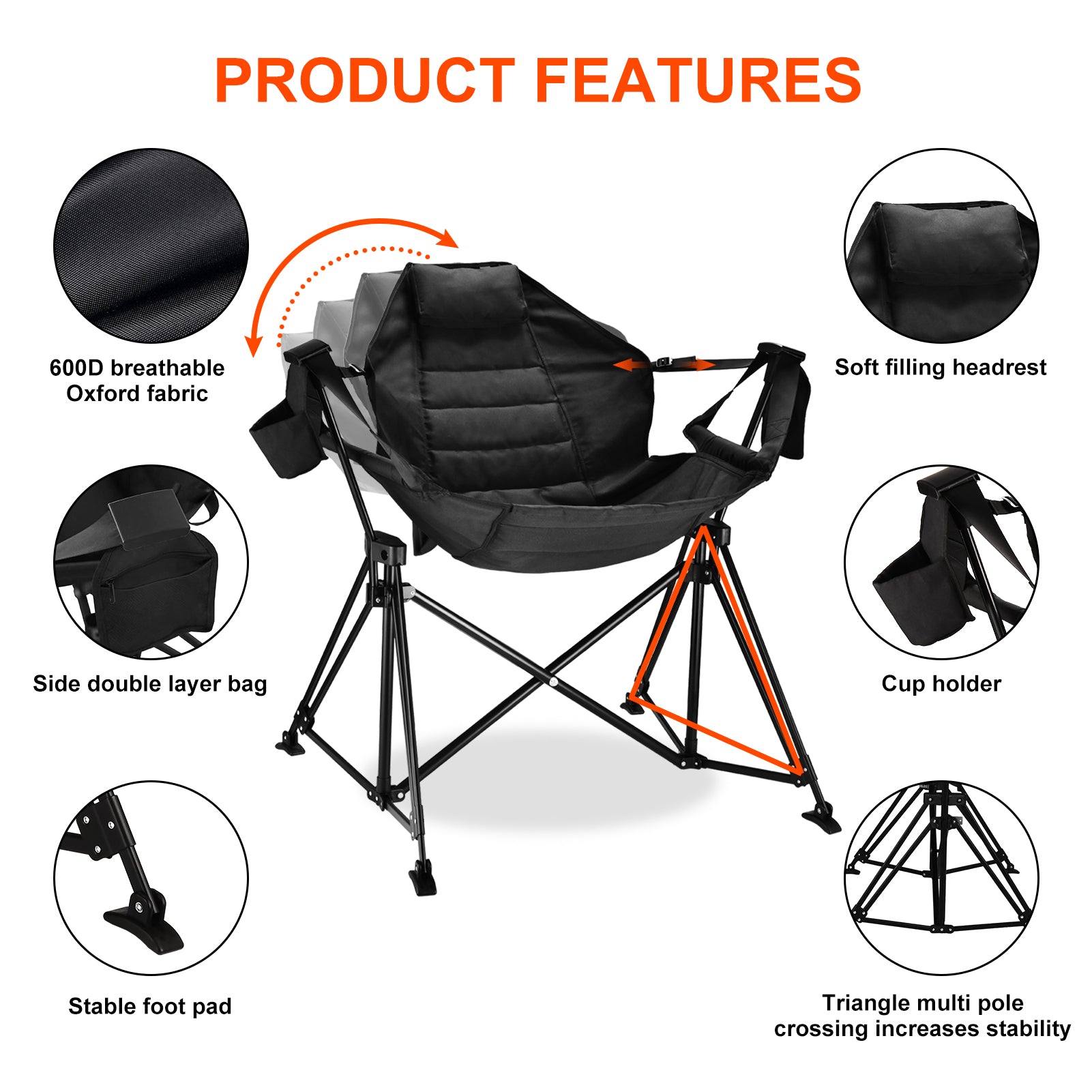 Hammock Camping Chair Folding 350 lbs Foldable Portable Rocking Chairs for Adults Outside Swinging Camp with Stand Lawn Garden Hanging Outdoor