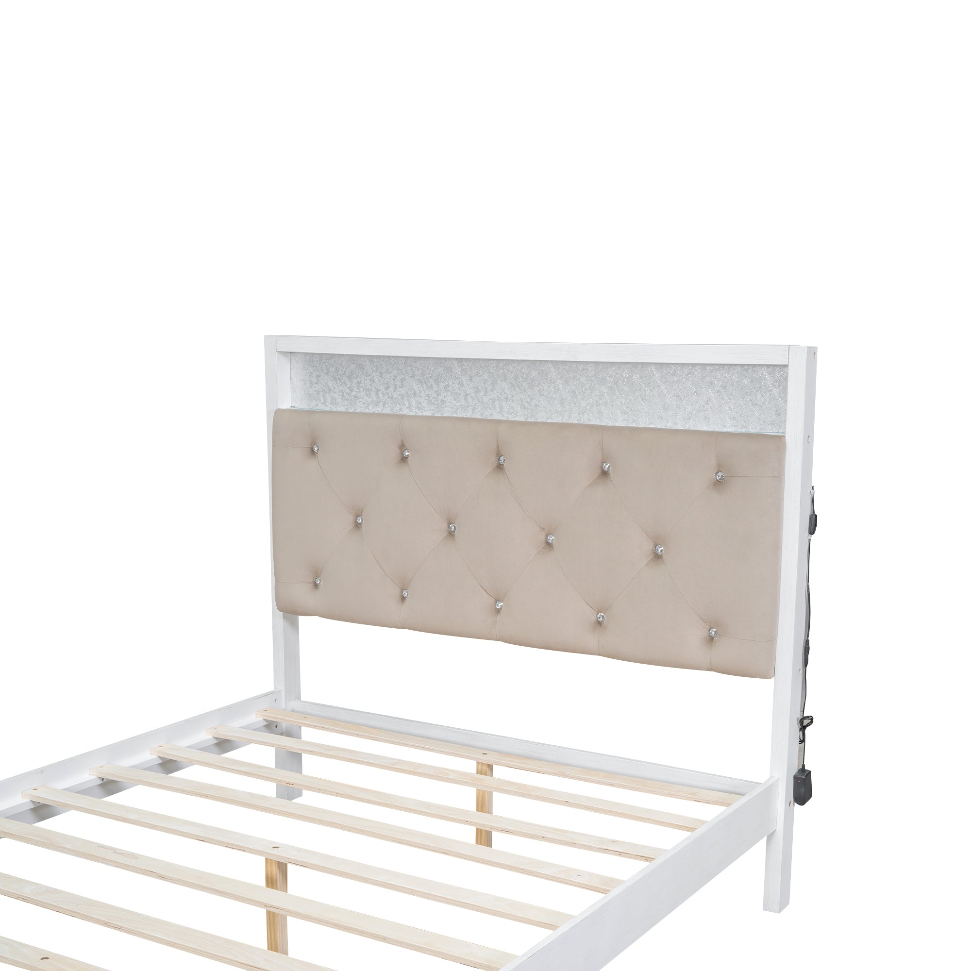 Wood Full Size Platform Bed with Upholstered Headboard and LED and 2 Drawers, Antique White