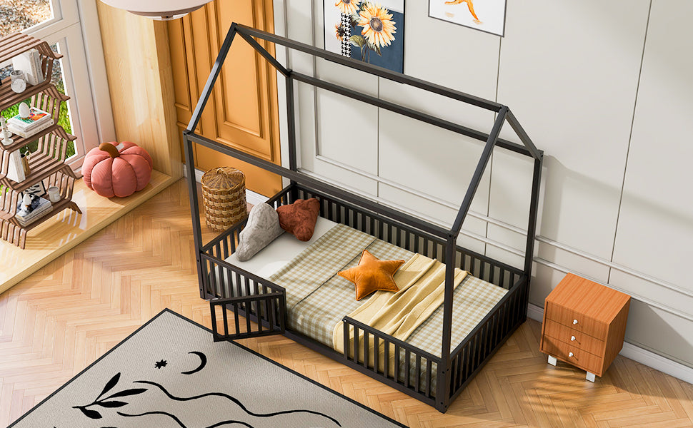 Twin Size Metal House Bed with Fence and Door, Black