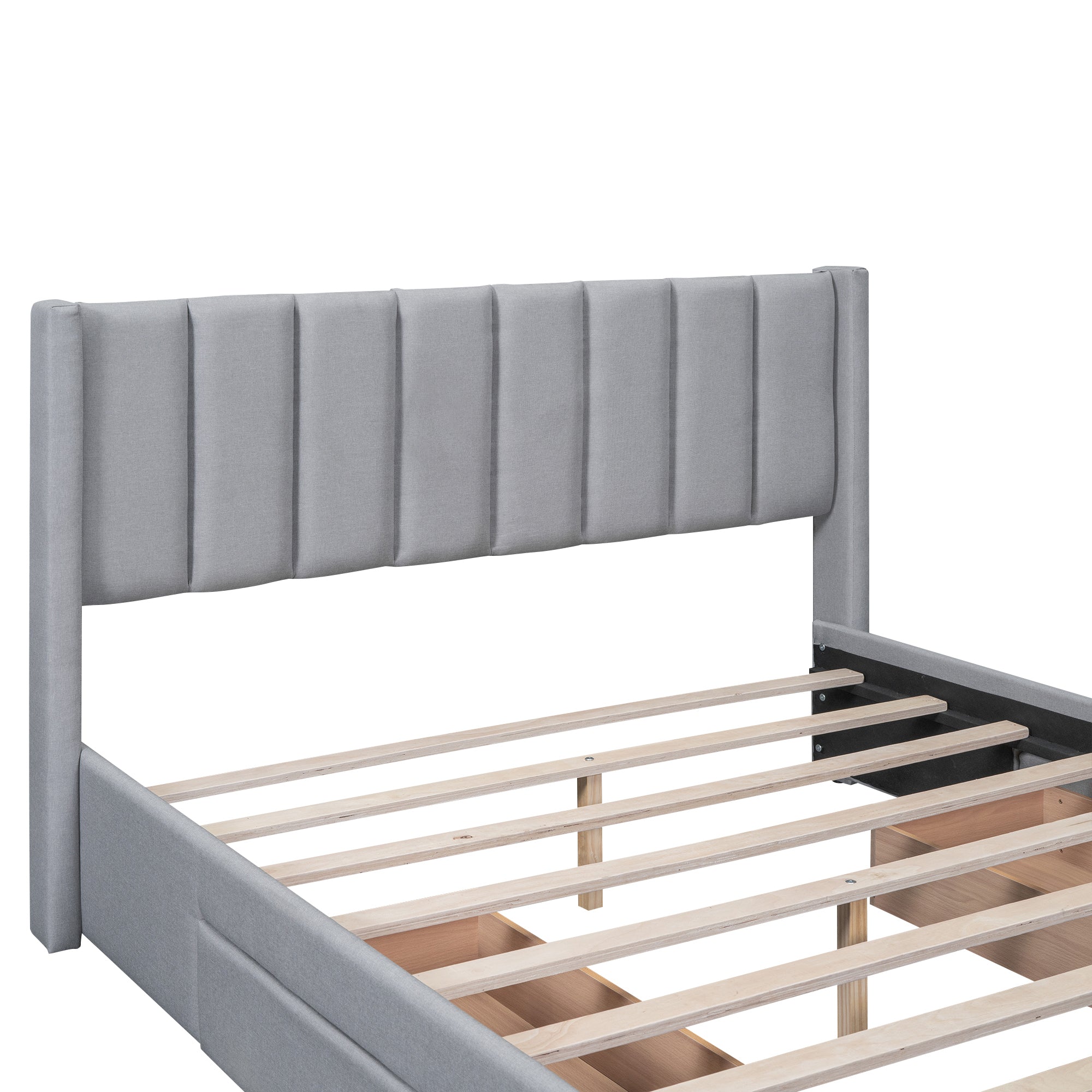 Queen Size Upholstered Platform Bed with One Large Drawer in the Footboard and Drawer on Each Side,Gray