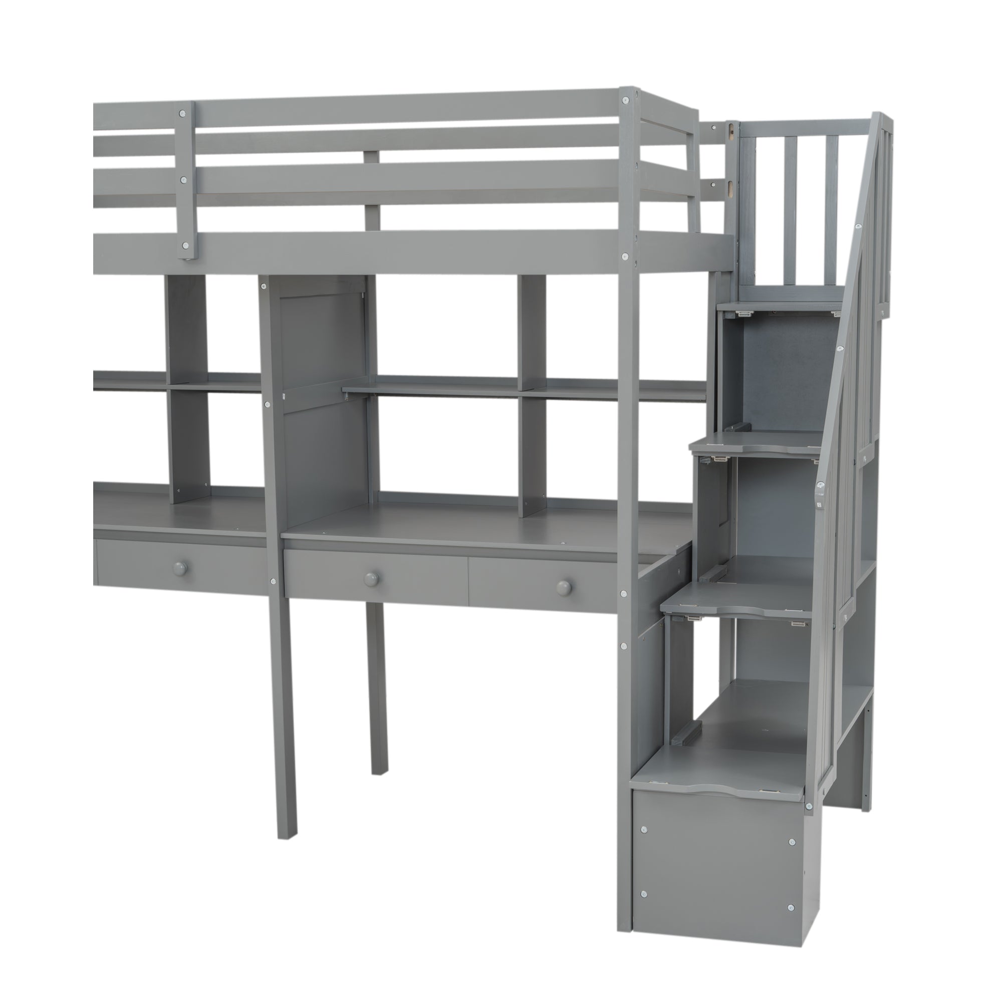 Twin Size Loft Bed Frame with Storage Staircase and Double Desks and Shelves,Gray