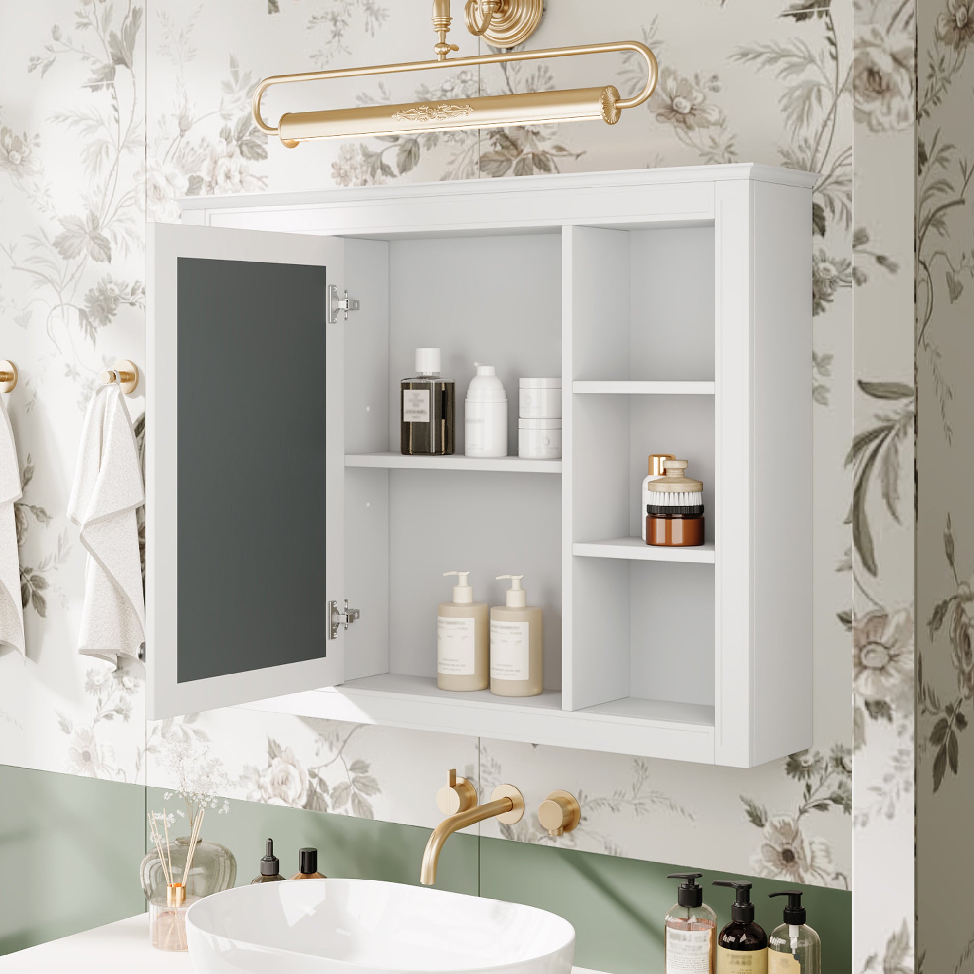 Bathroom medicine cabinet with mirror, angled view showing modern finish