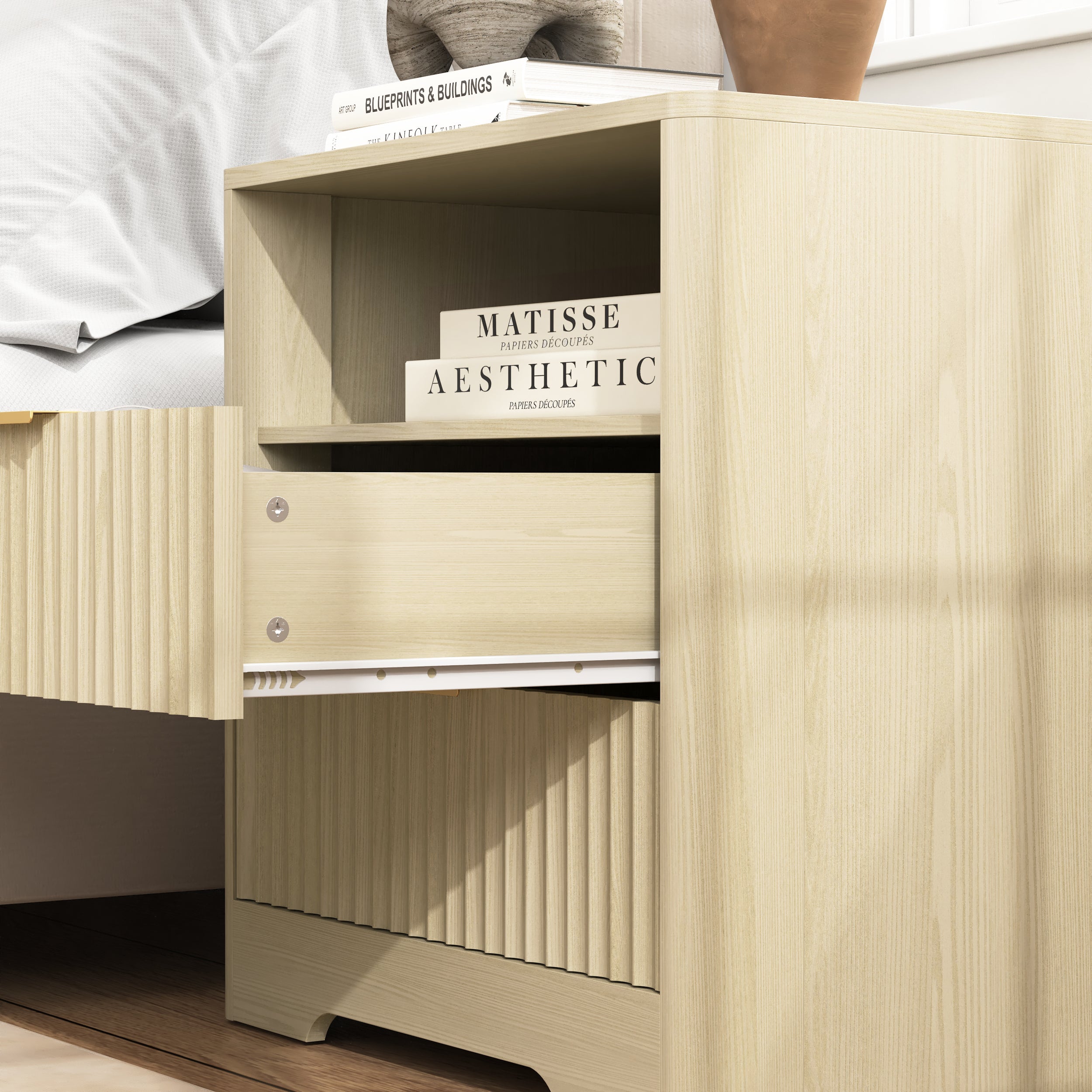 Wood bedside table with open storage cabinet, interior view
