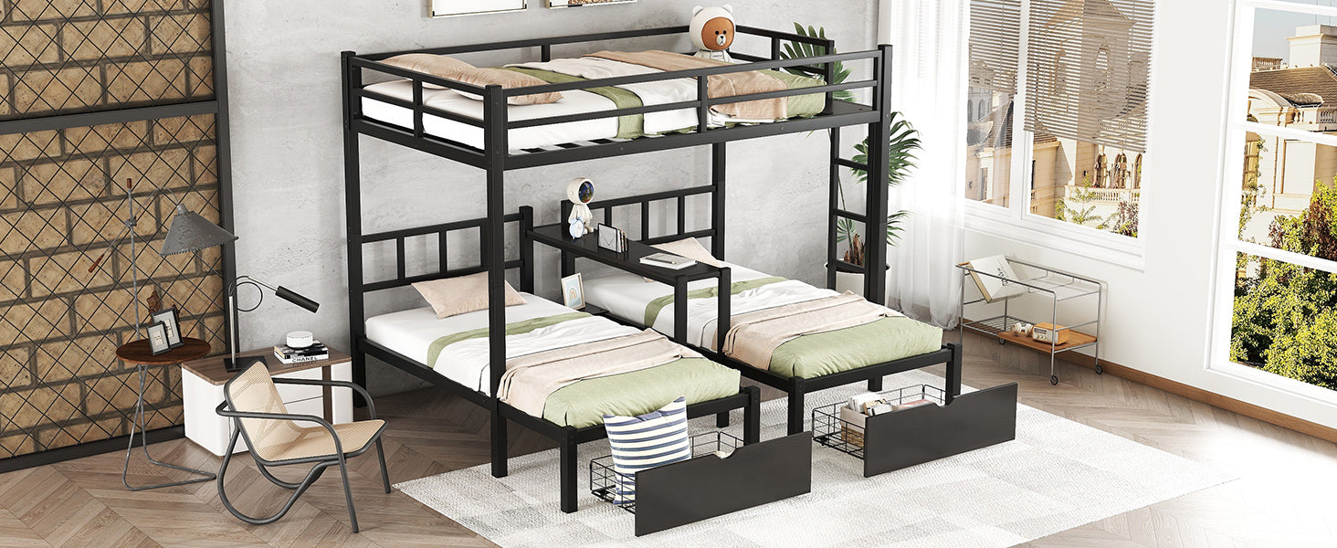 FULL XL Over Twin & Twin Triple Bunk Bed with Drawers, Multi-functional Metal Frame Bed with desks and shelves in the middle, Black