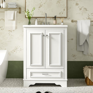24 inch modern freestanding bathroom vanity with ceramic sink and silver handles, front view