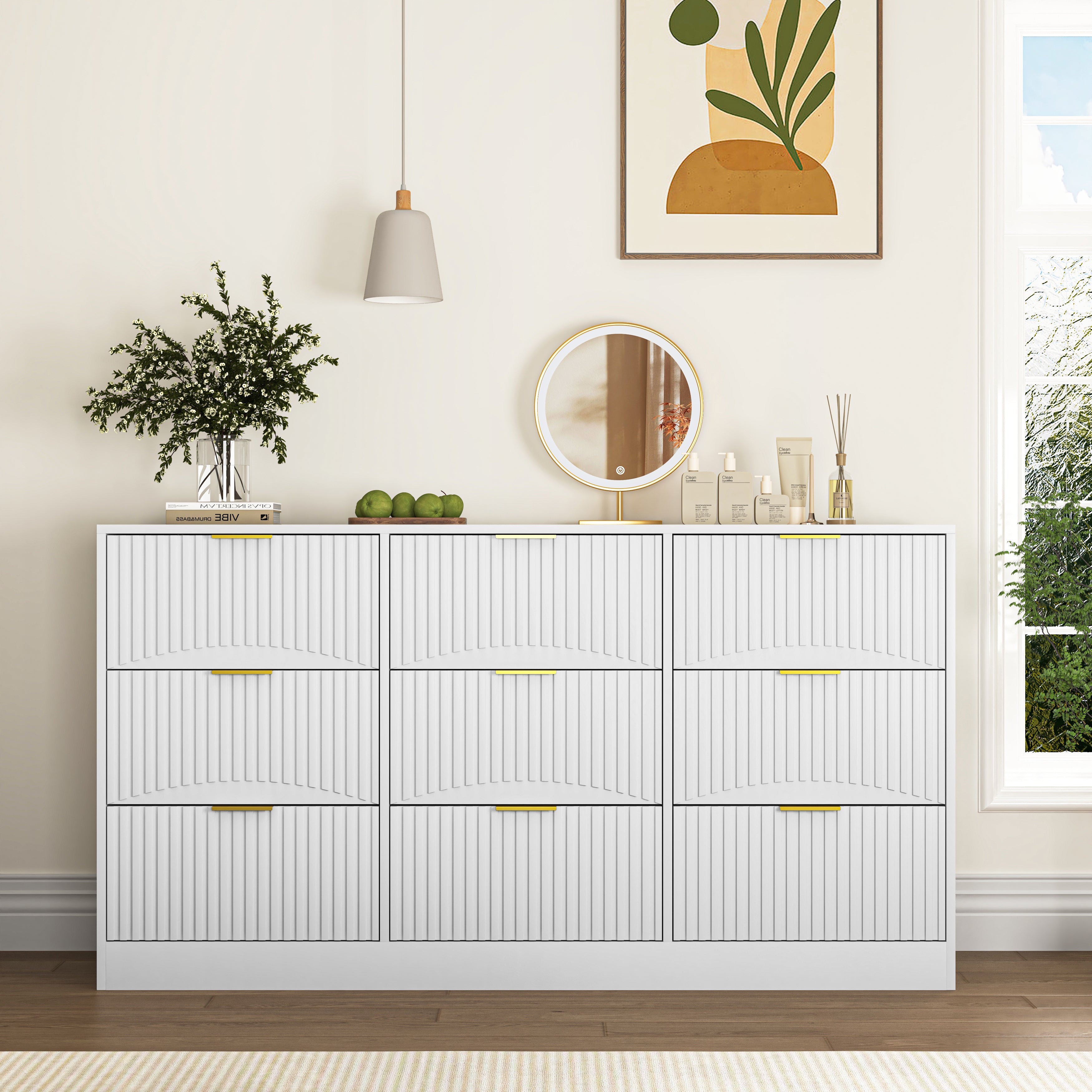White 63-inch 9-drawer wooden dresser chest of drawers, front view