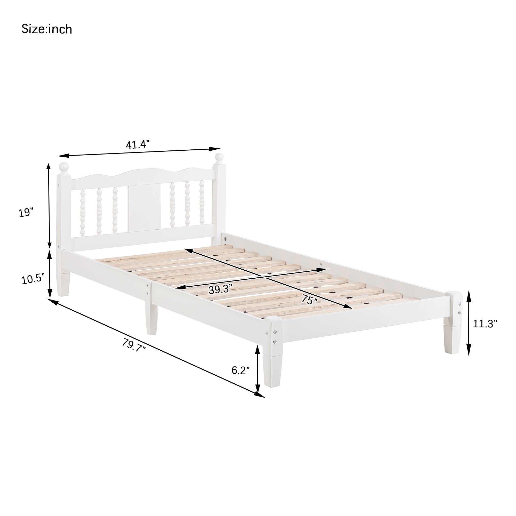 Twin Bed with Column-Decoration Headboard, with Bed Slats,White