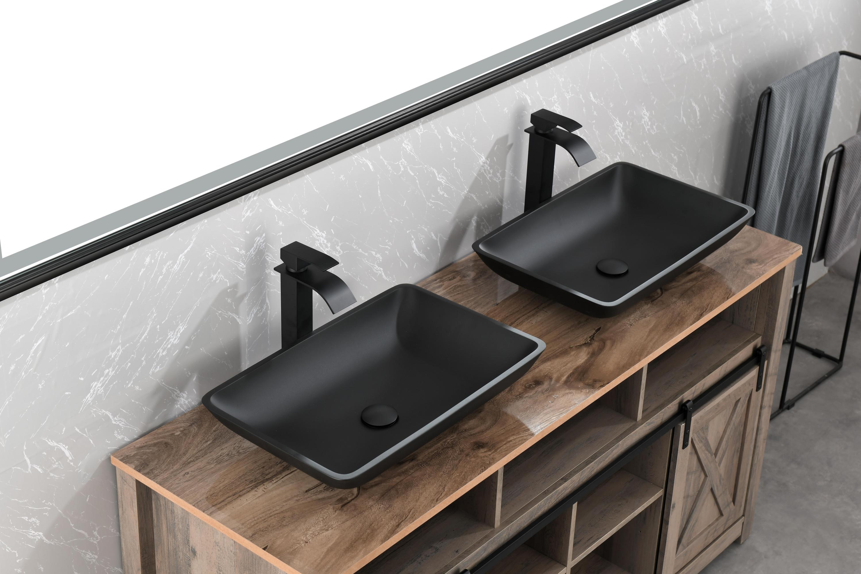 14.38" L -22.25" W -4-3/8 in. H Matte Shell  Glass Rectangular Vessel Bathroom Sink in Black with  Faucet and Pop-Up Drain in Matte Black