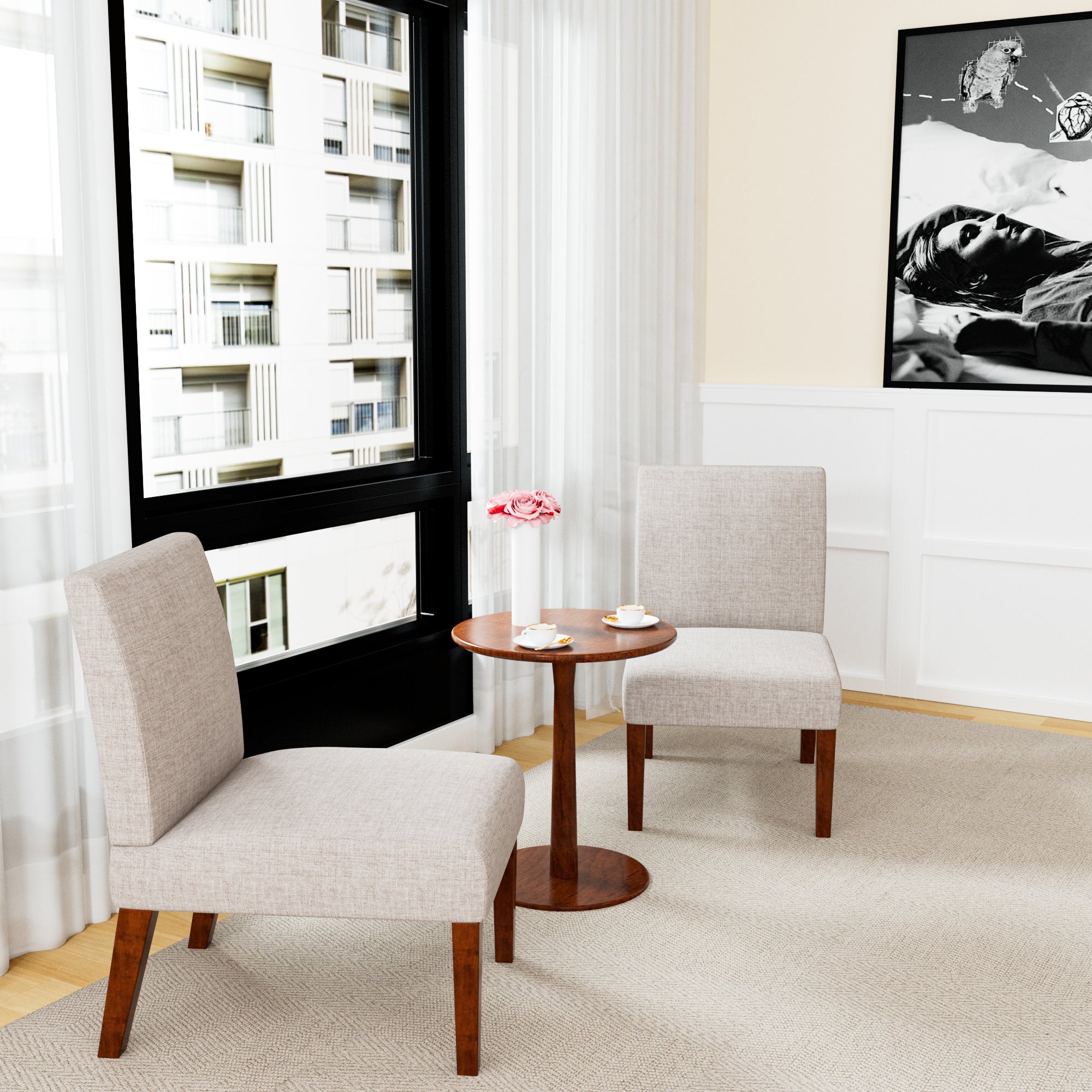 Fabric Accent Chair Set of 2 with Round Wood Table, Decorative Slipper Chair Vanity Chair for Bedroom Home Office, Corner Side Chair [Video]