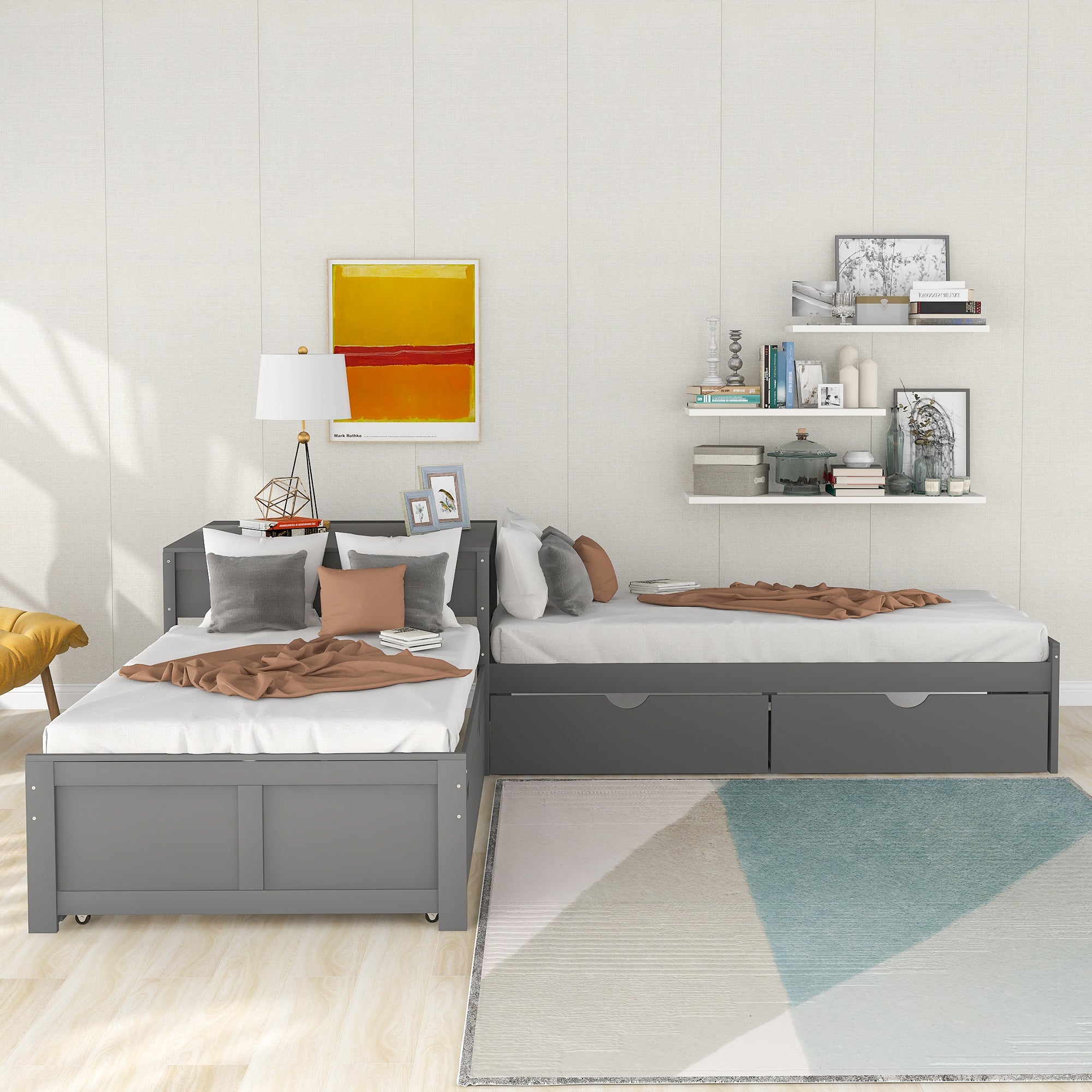 L-shaped Platform Bed with Trundle and Drawers Linked with built-in Desk,Twin,Gray(Old SKU:SM000916AAE-1)