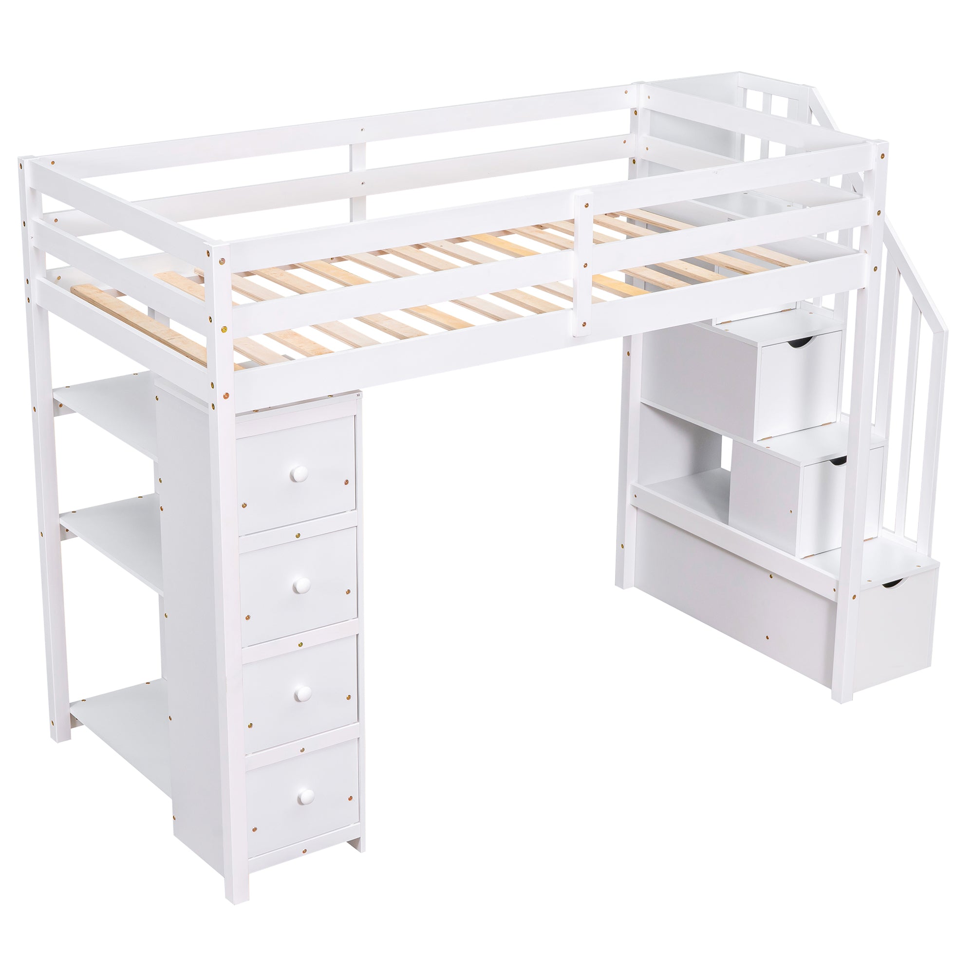 Twin size Loft Bed with Storage Drawers and Stairs, Wooden Loft Bed with Shelves - White