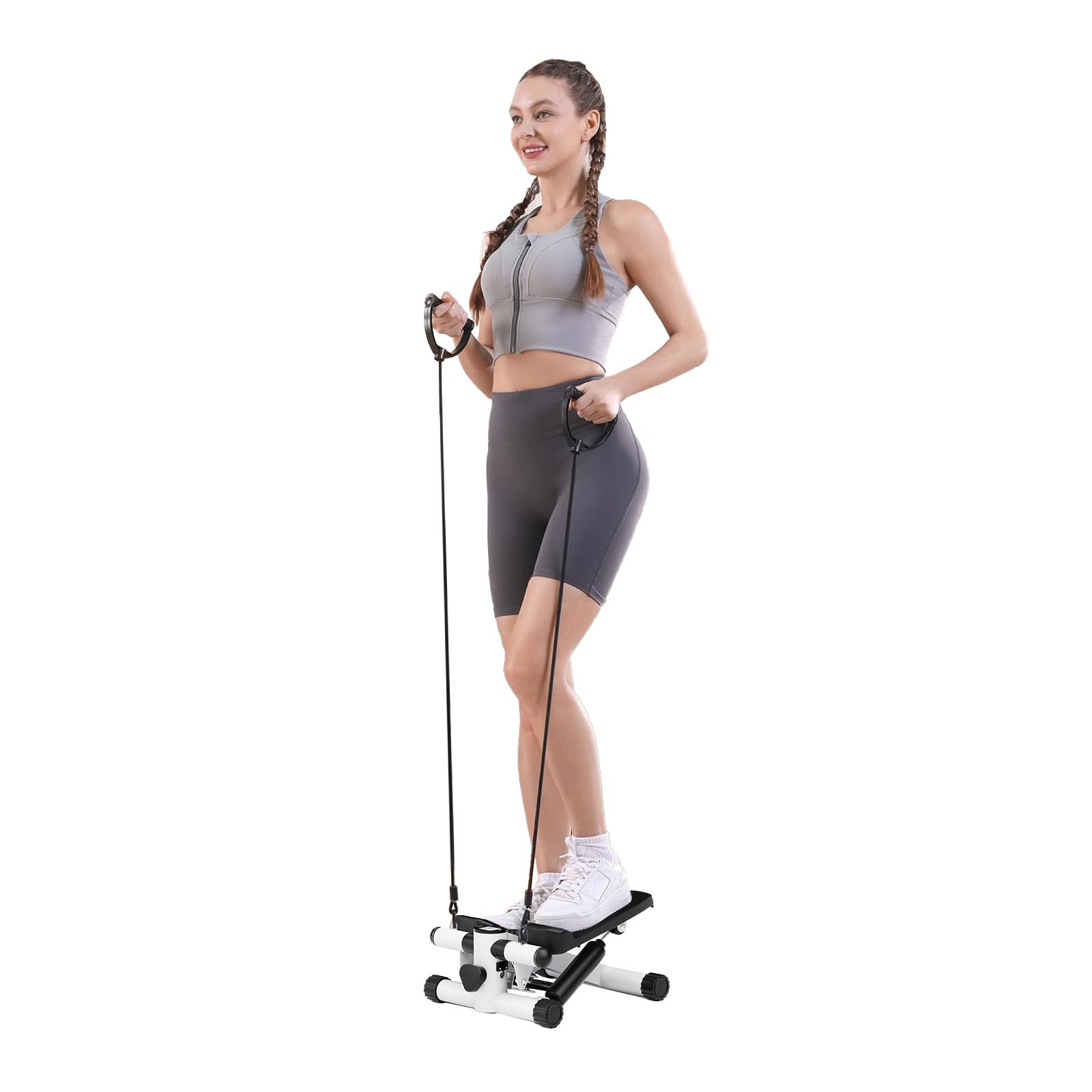 Mini Fitness Stepper, Hydraulic Fitness Stepper with Resistance Bands and Display, Silent Design, Weight Capacity 300LBS, Portable Stepper for Total Body Workout,11.3"L x 12.6"W x 7.8"H,White