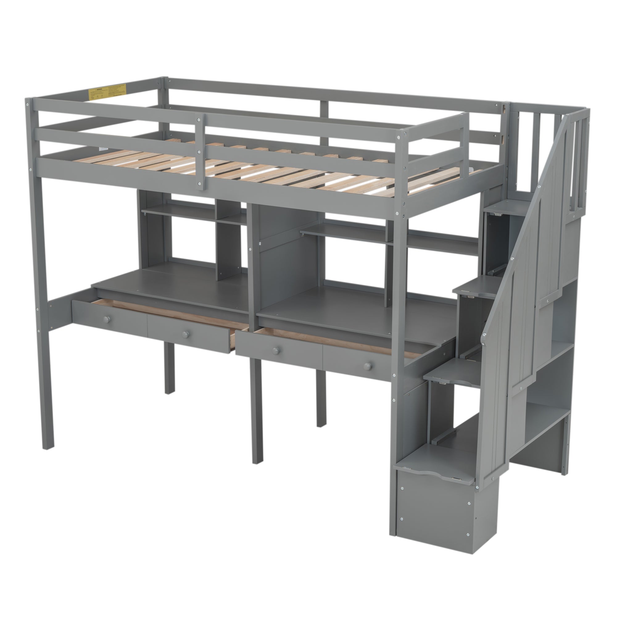 Twin Size Loft Bed Frame with Storage Staircase and Double Desks and Shelves,Gray