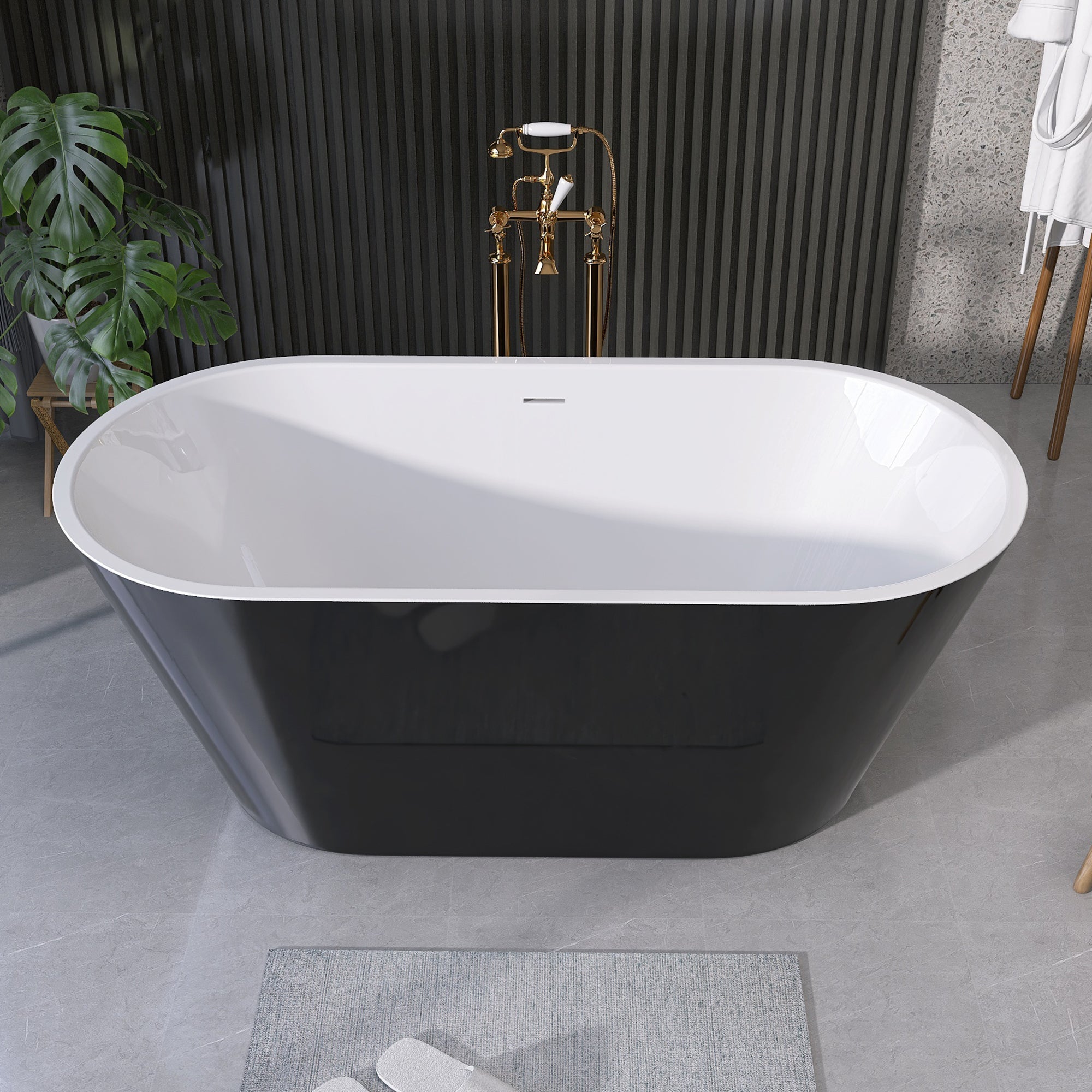 55" Acrylic Freestanding Bathtub Contemporary Soaking White Tub with Overflow and Pop-up Drain Gloss Black