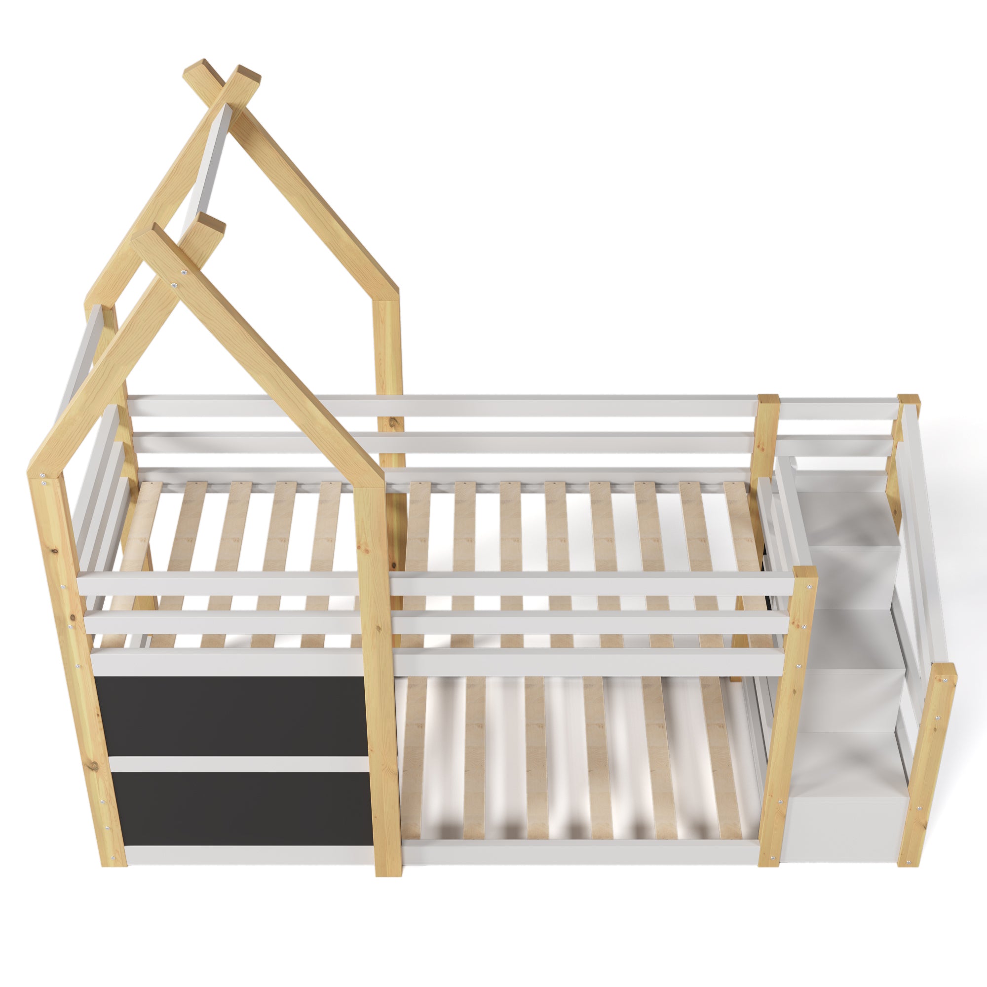 Twin over Twin House Bunk Bed with White Storage Staircase and 2 Blackboards, White and Natural