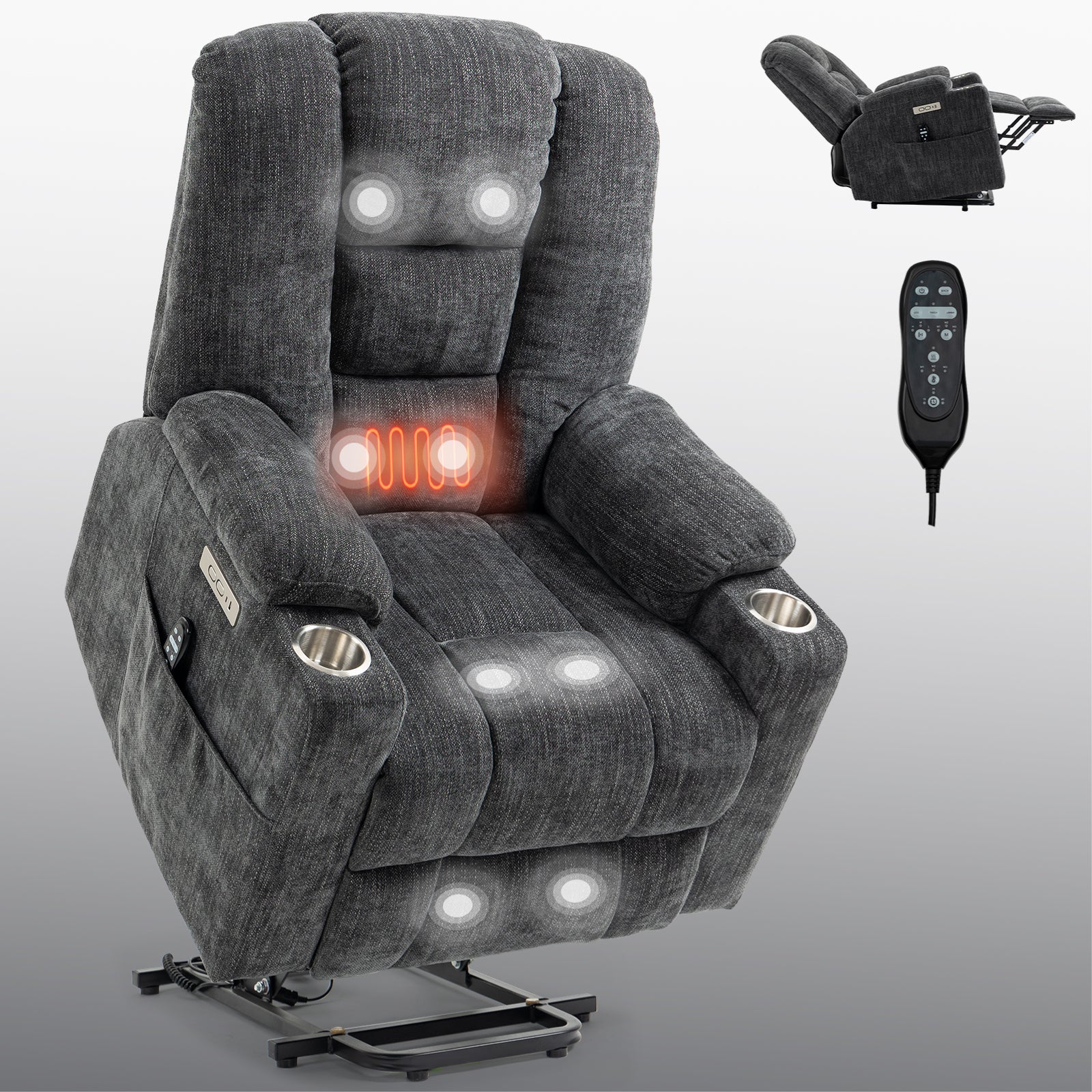 EMON'S Large Power Lift Recliner Chair with Massage and Heat for Elderly, Overstuffed Wide Recliners, Heavy Duty Motion Mechanism with USB and Type C Ports, 2 Steel Cup Holders, Gray