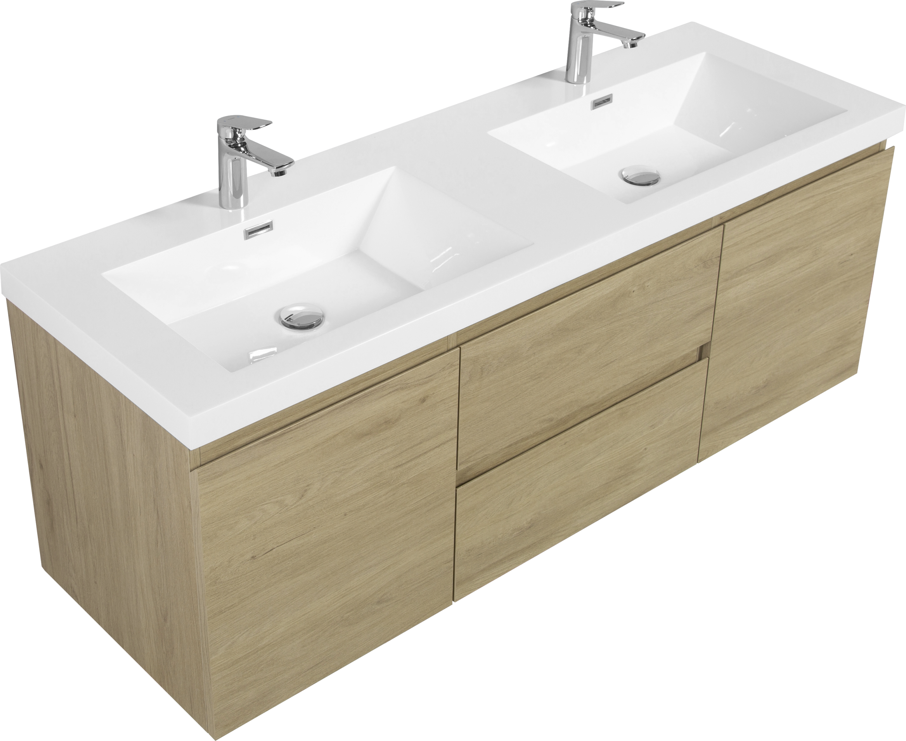 60" Floating Bathroom Vanity with Sink, Modern Wall-Mounted Bathroom Storage Vanity Cabinet with Double Resin Top Basins and Soft Close Drawers, Natural Oak 24V11-60DNO