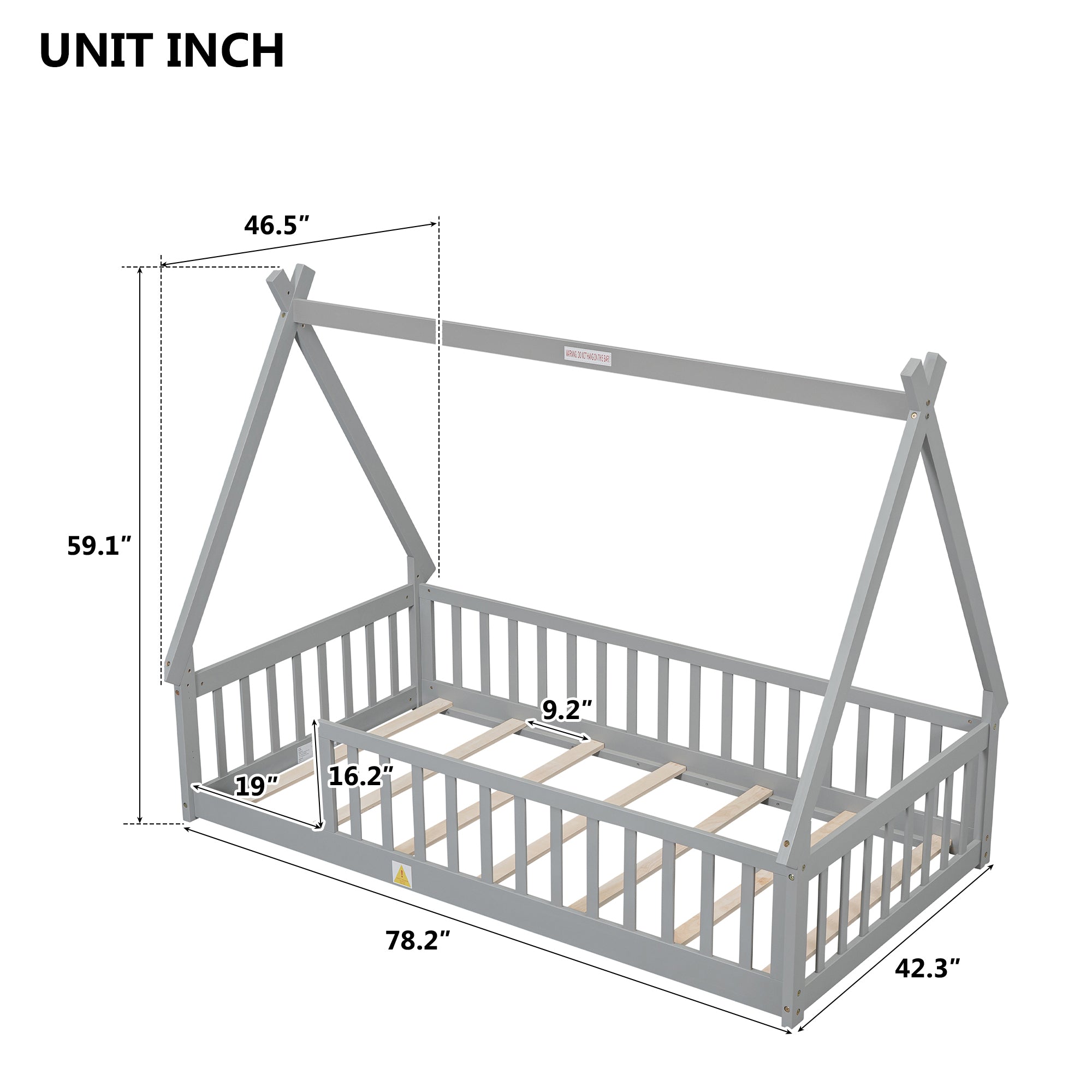 Twin Tent-shaped Floor Bed, Teepee Bed with Guardrails, Slats,Grey