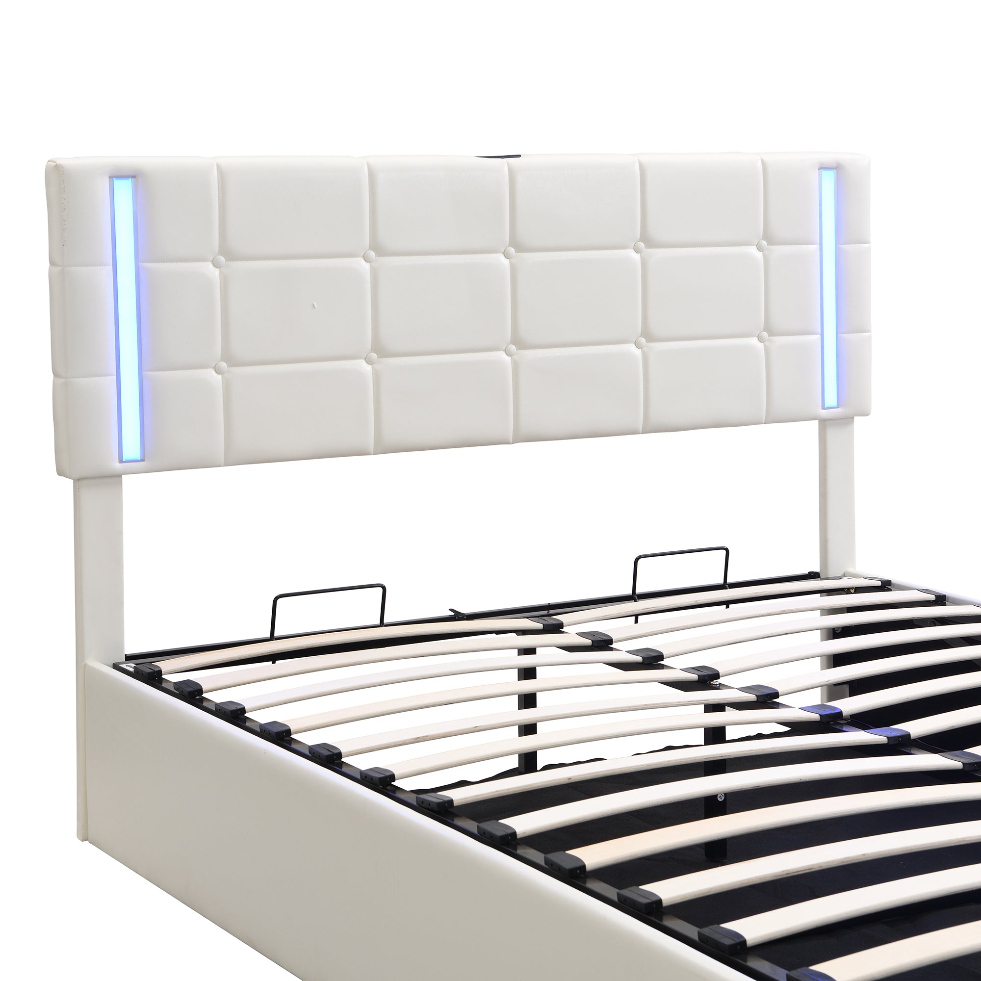 Full Size Upholstered Bed with LED Lights,Hydraulic Storage System and USB Charging Station,White