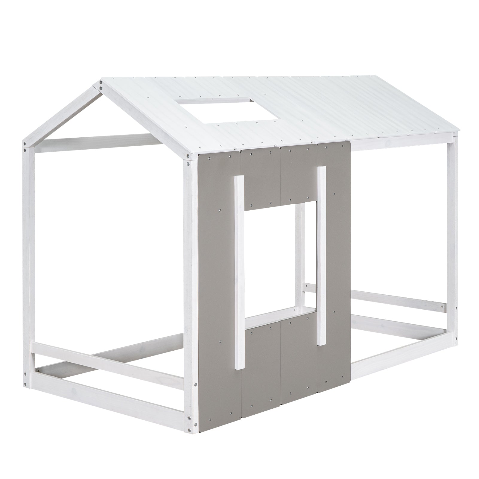 Twin Size House Platform with Roof and Window, White+Antique Grey(Old SKU: WF294130AAE)