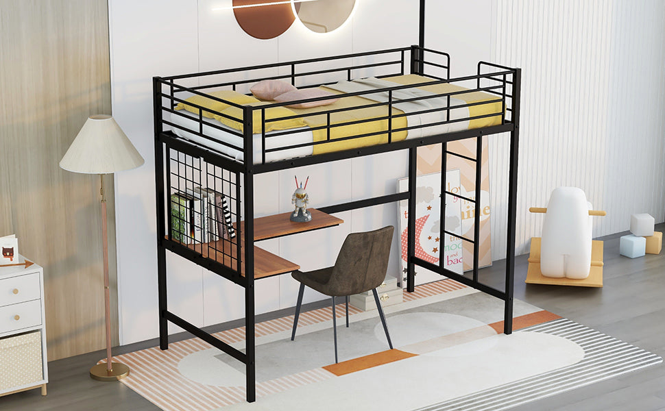 Twin Metal Loft Bed with Desk and Metal Grid,Black