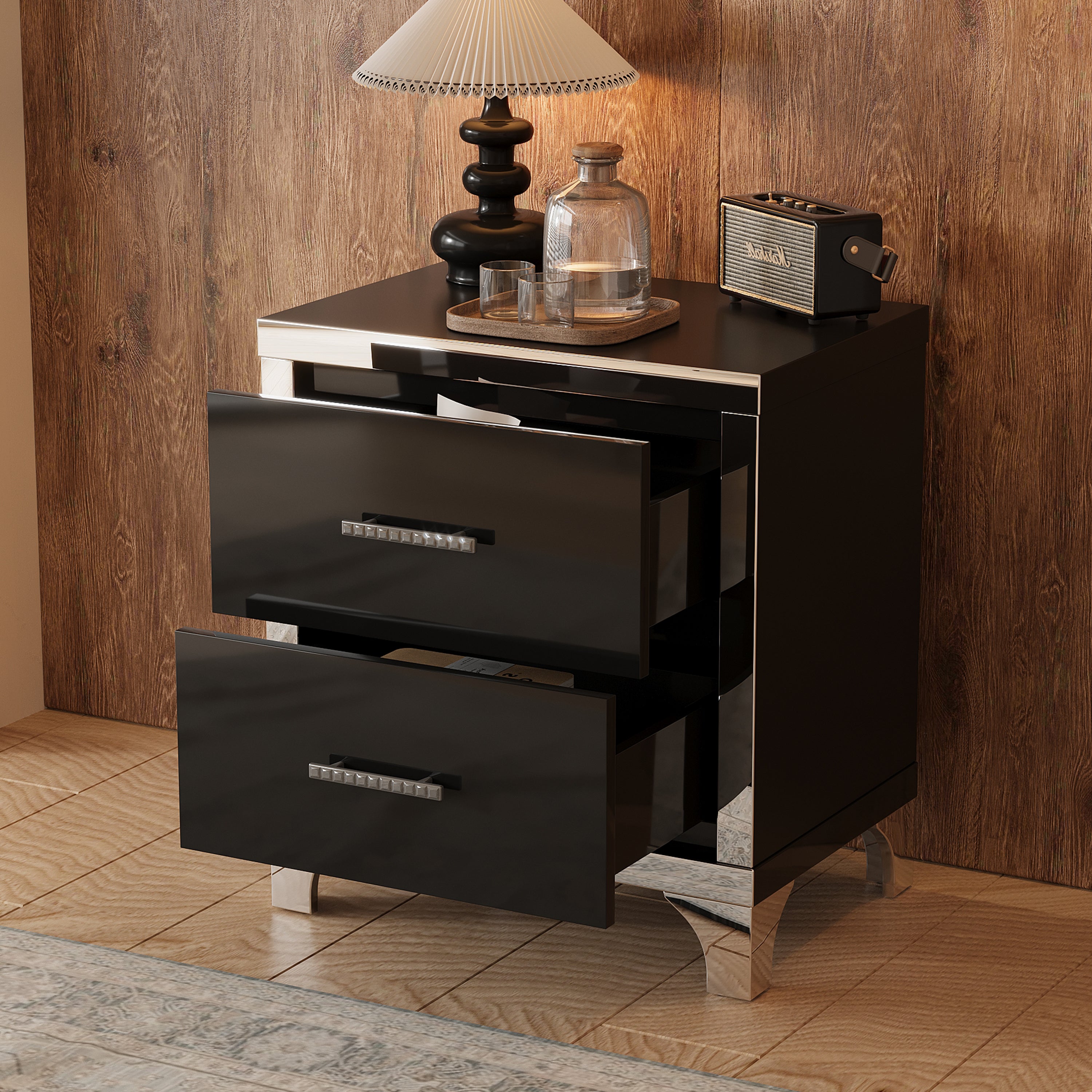 Black mirrored bedside table 2 drawers, angled view