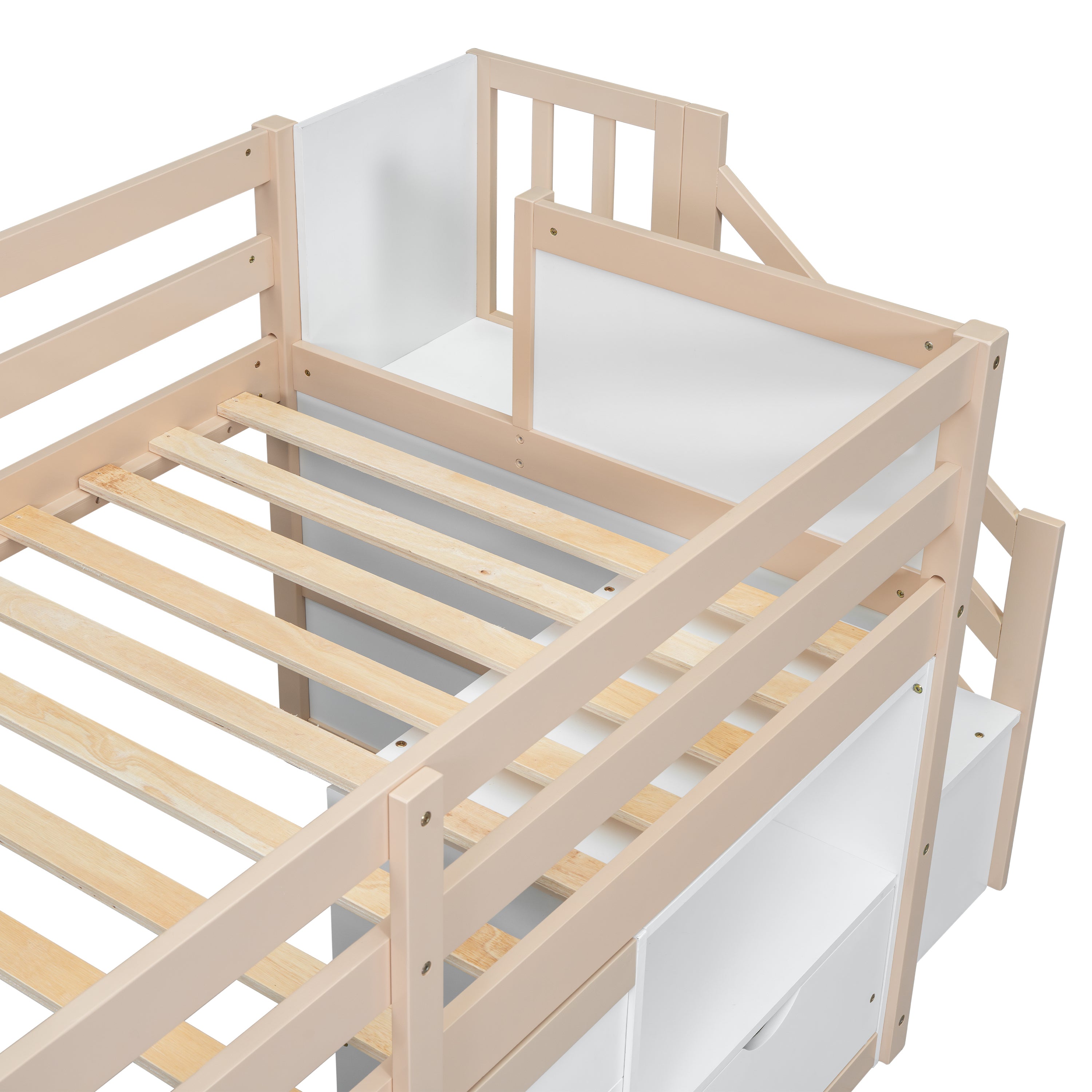 SOLID WOOD TWIN SIZE LOW LOFT BED WITH STAIR, DRAWER, AND SHELF FOR CREAM + WHITE COLOR