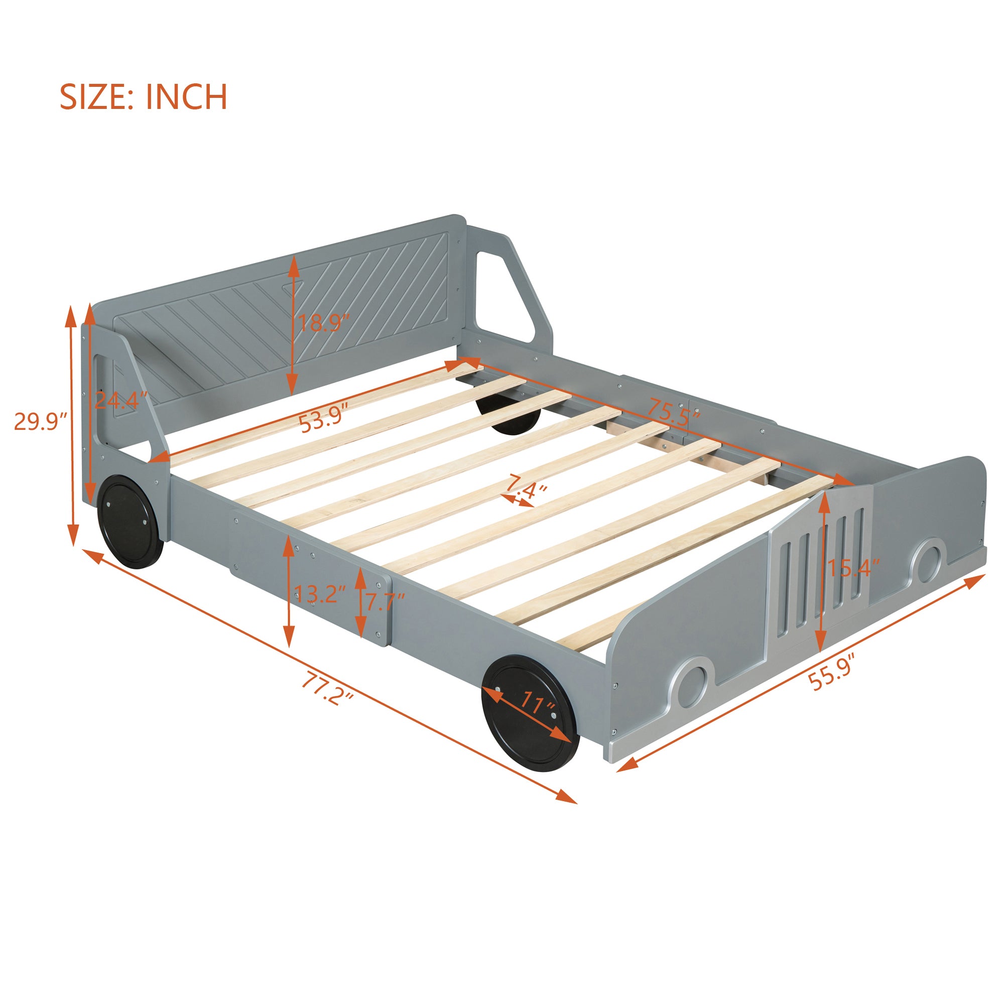 Full Size Car-Shaped Platform Bed with Wheels,Gray