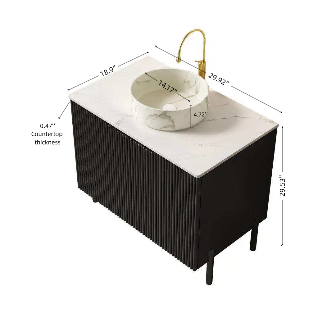 Freestanding black bathroom vanity, open cabinet doors interior storage view