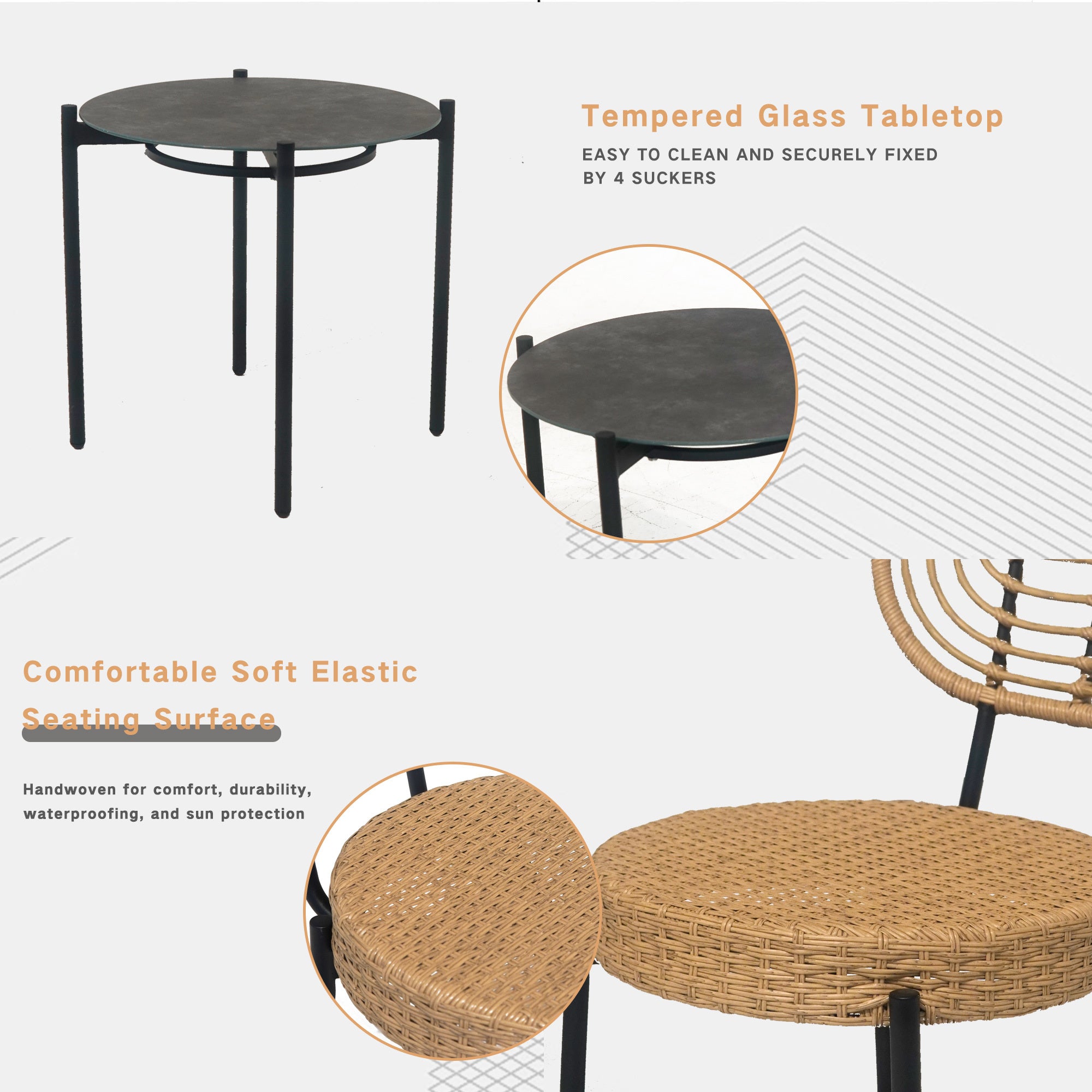 3 Pieces Of Luxury Outdoor Wicker Furniture - Patio Bistro Style Table And Chair Combination,Weather-resistant PE Wicker Weave, Stainless Steel Fame, Suitable For Garden, Terrace,Backyard Casua