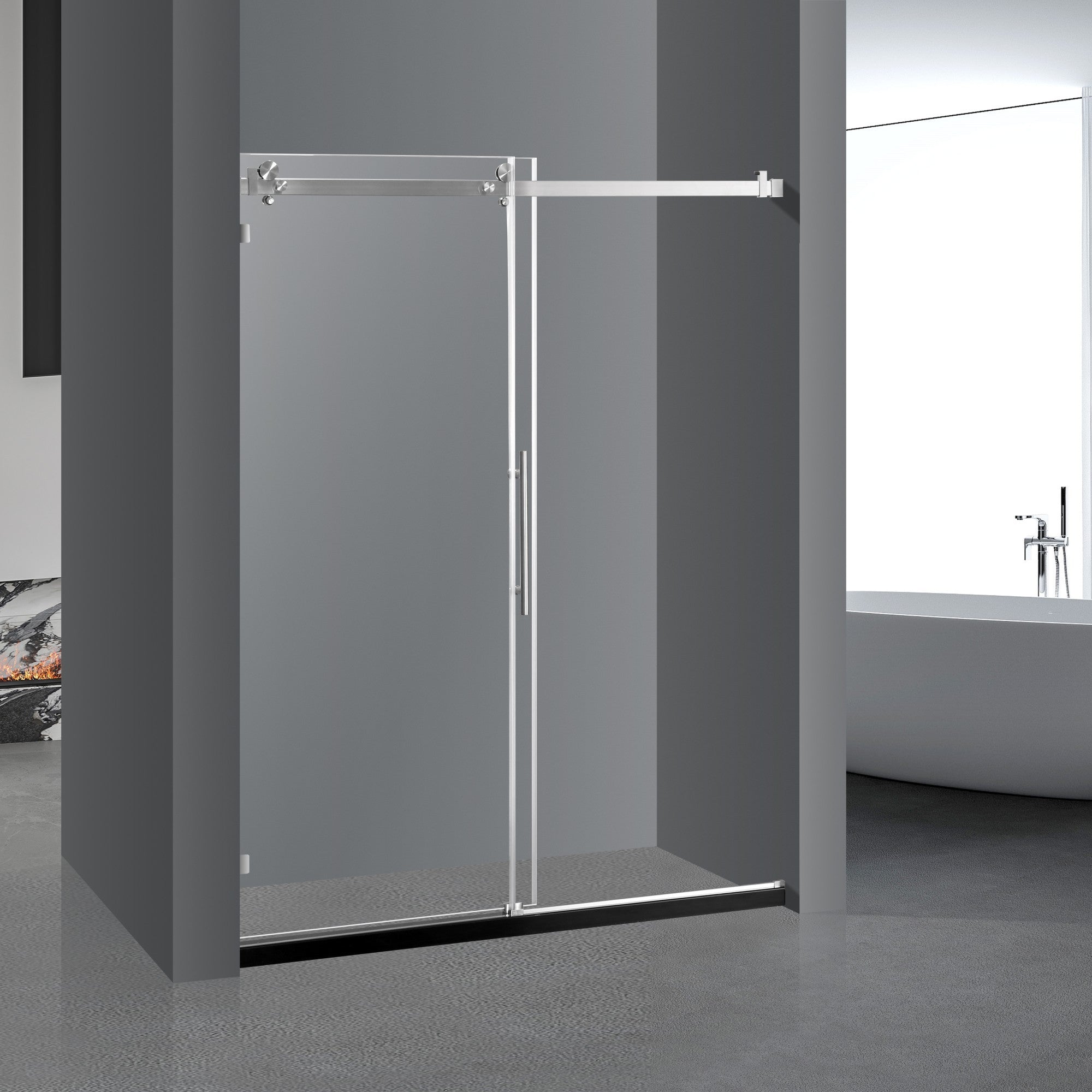 Frameless Sliding Glass Shower Doors 60"W x 76"H with 3/8"(10mm) Clear Tempered Glass, Brushed Nickel Finish, Big Rollers, Square Rail, Self-cleaning coating on both sides