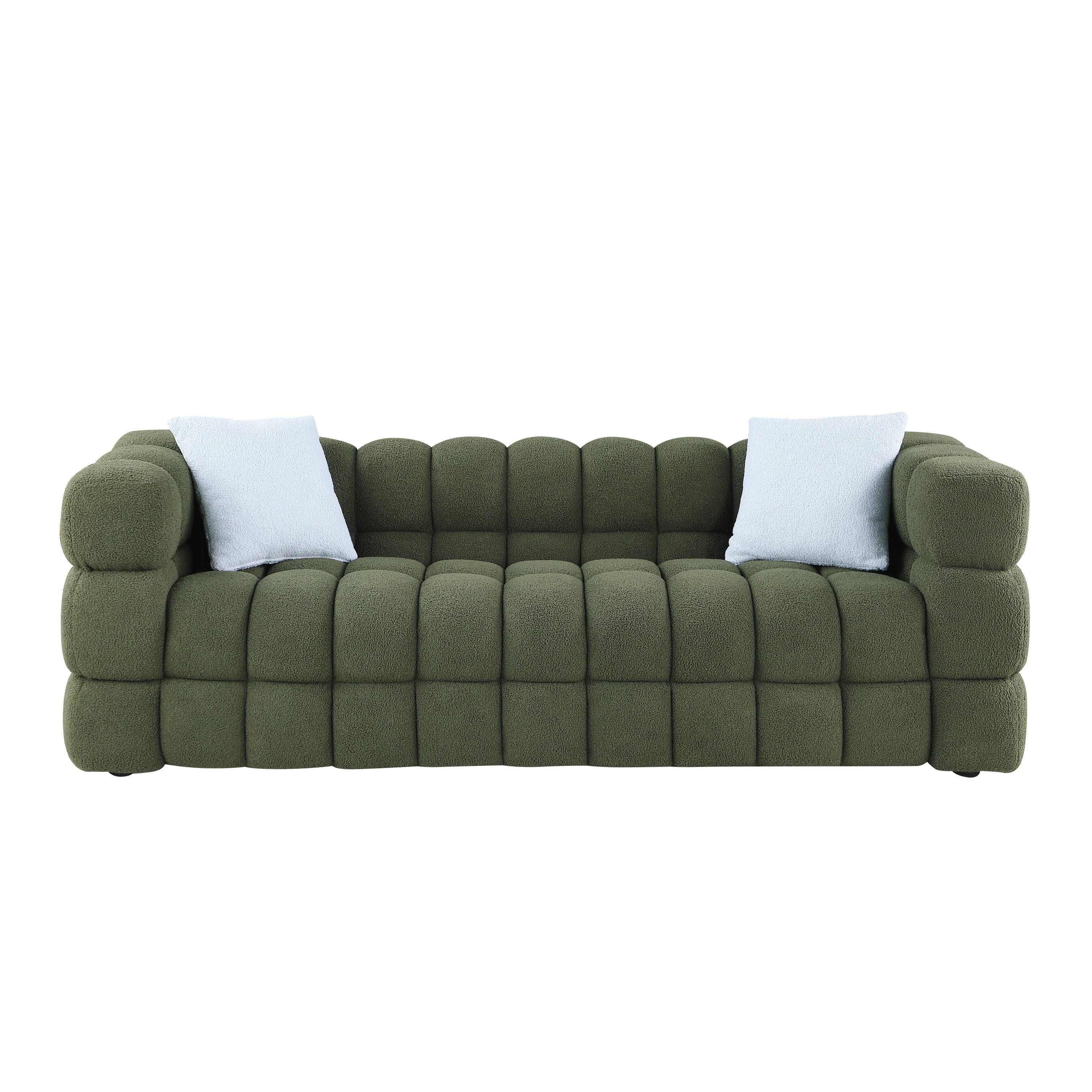 84.3 length ,35.83" deepth ,human body structure for USA people,  marshmallow sofa,boucle sofa ,3 seater, OLIVE GREEN BOUCLE