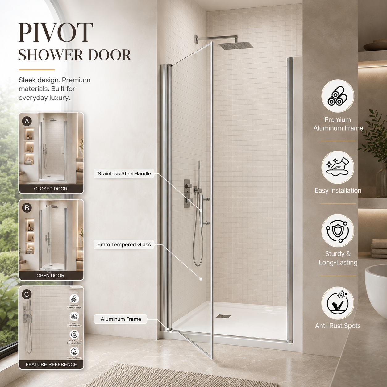 35.4 x 72 in Framed Pivot Shower Door - 35.4 x 72 in / Chrome view 3