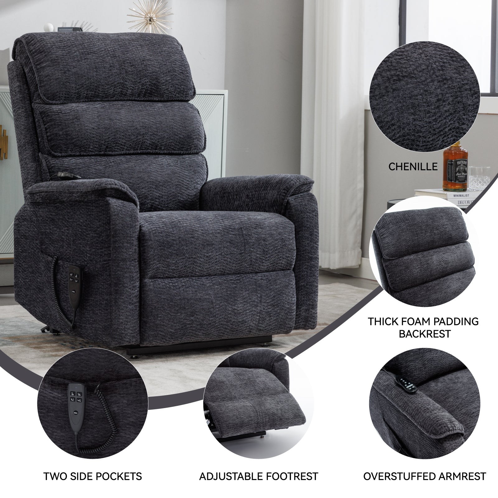 Grey Chenille Dual Motor Infinite Position Up to 350 LBS Power Lift Recliner Chair with Power-Remote, Heat Massage and Heavy Duty Motion Mechanism