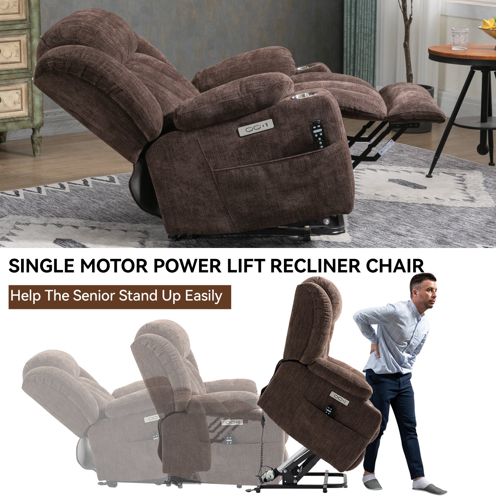 Up to 350 LBS Chenille Power Lift Recliner Chair, Heavy Duty Motion Mechanism with 8-Point Vibration Massage and Lumbar Heating, USB and Type-C Ports, Stainless Steel Cup Holders, Brown