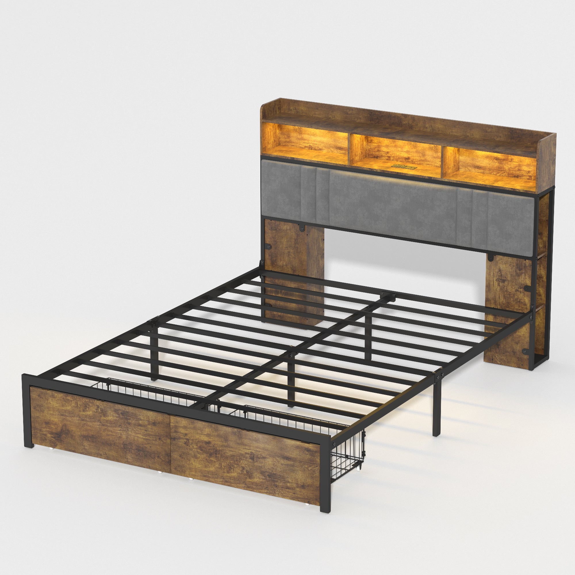 Bed Frame Queen Size with Storage Headboard and 2 Drawers, Upholstered Platform Bed with Charging Station and LED Light, Heavy Duty Frame Support, No Box Spring Needed, Noise Free, Dark Brown