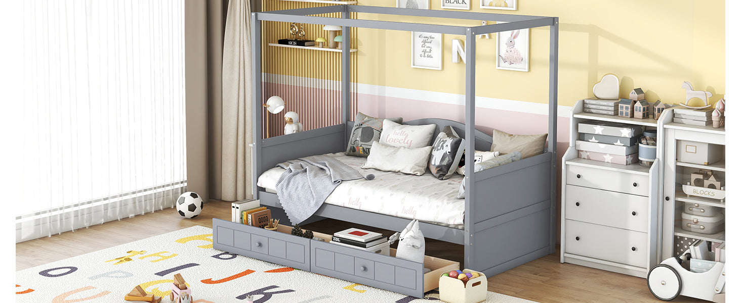 Twin Size Canopy Day Bed with 2 Drawers, Gray