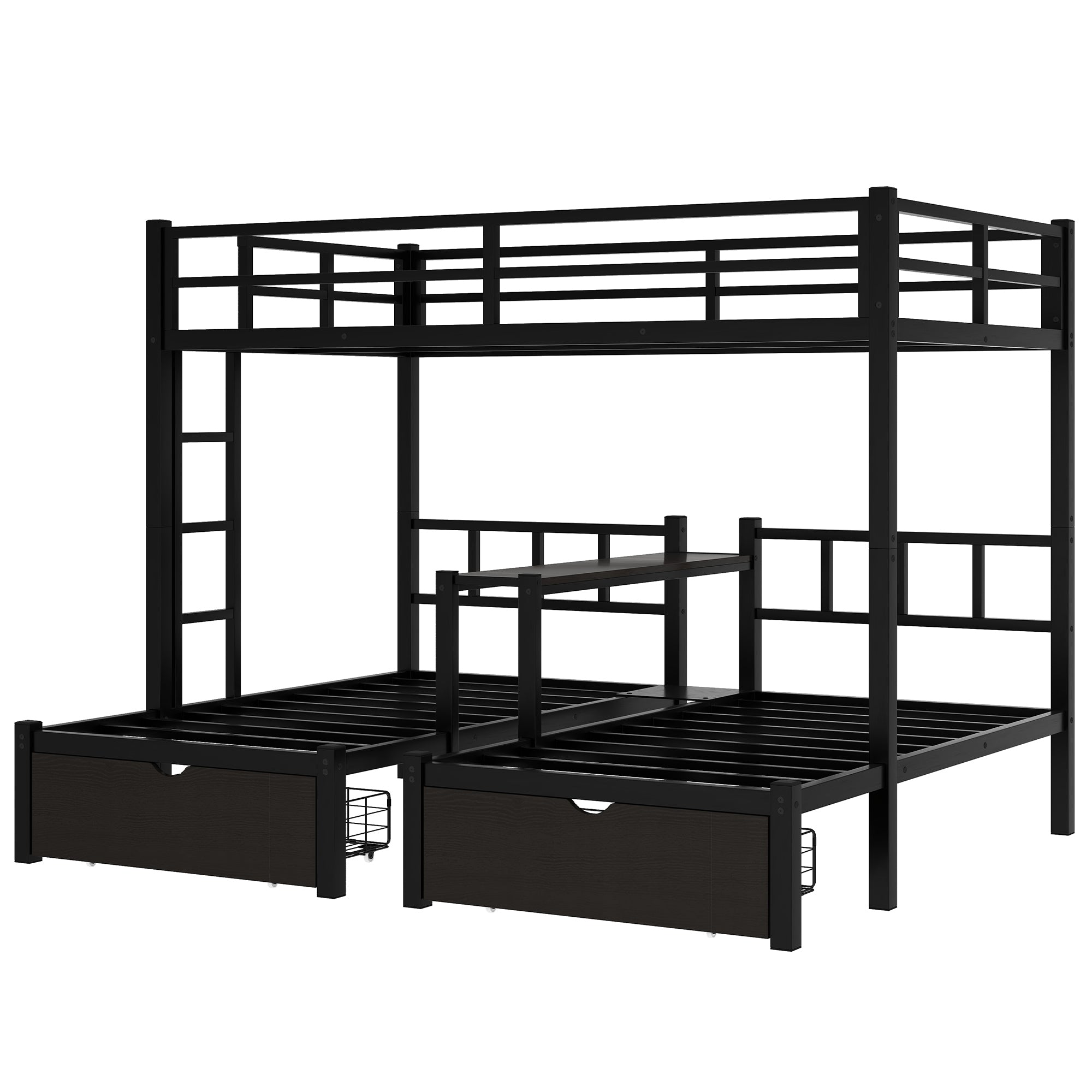 FULL XL Over Twin & Twin Triple Bunk Bed with Drawers, Multi-functional Metal Frame Bed with desks and shelves in the middle, Black